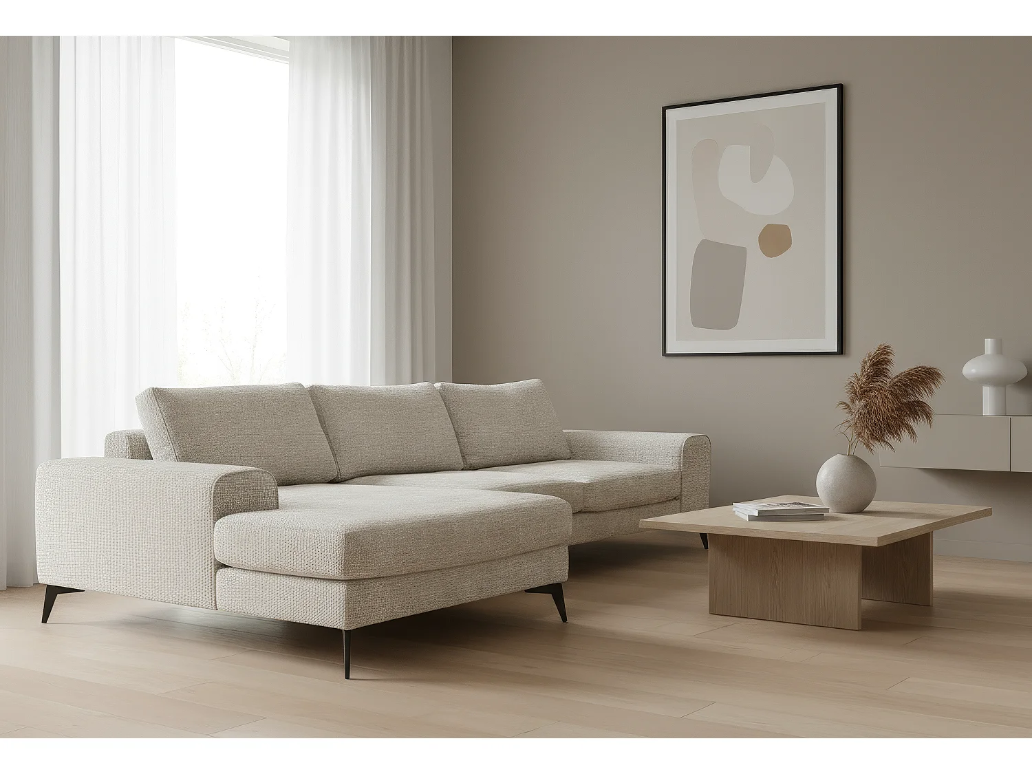 Venice Chenille Corner Sofa with Deep Seats and Extra-wide Padded Arms Left Facing Cream