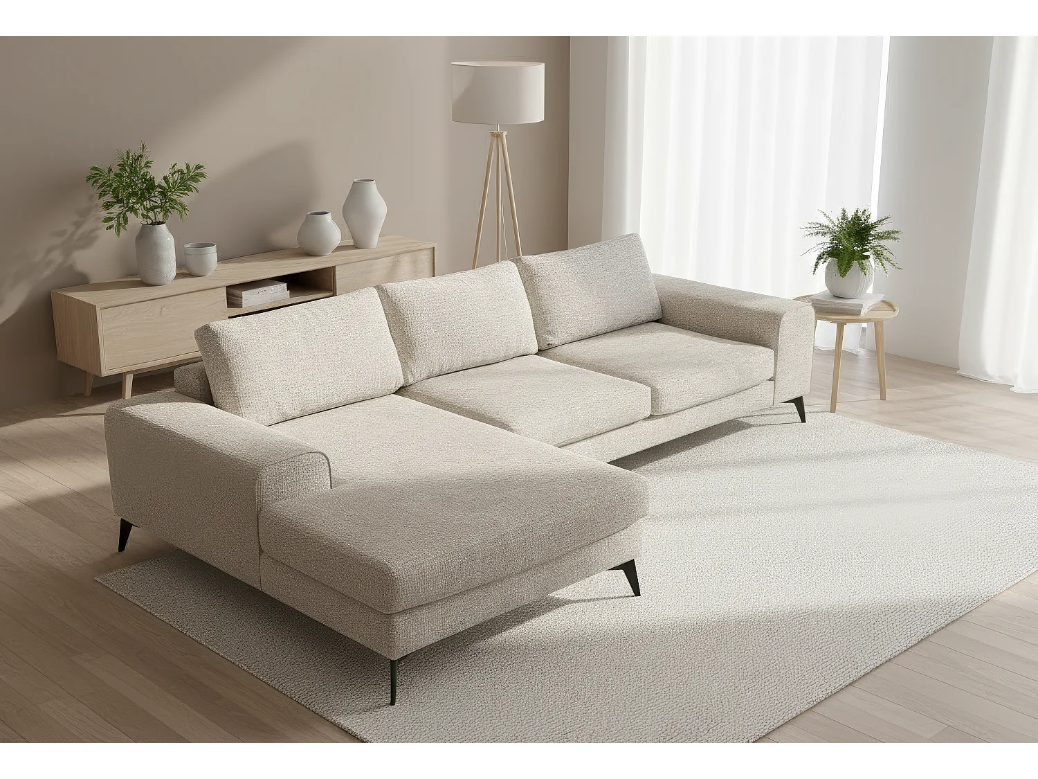 Venice Chenille Corner Sofa with Deep Seats and Extra-wide Padded Arms Left Facing Cream