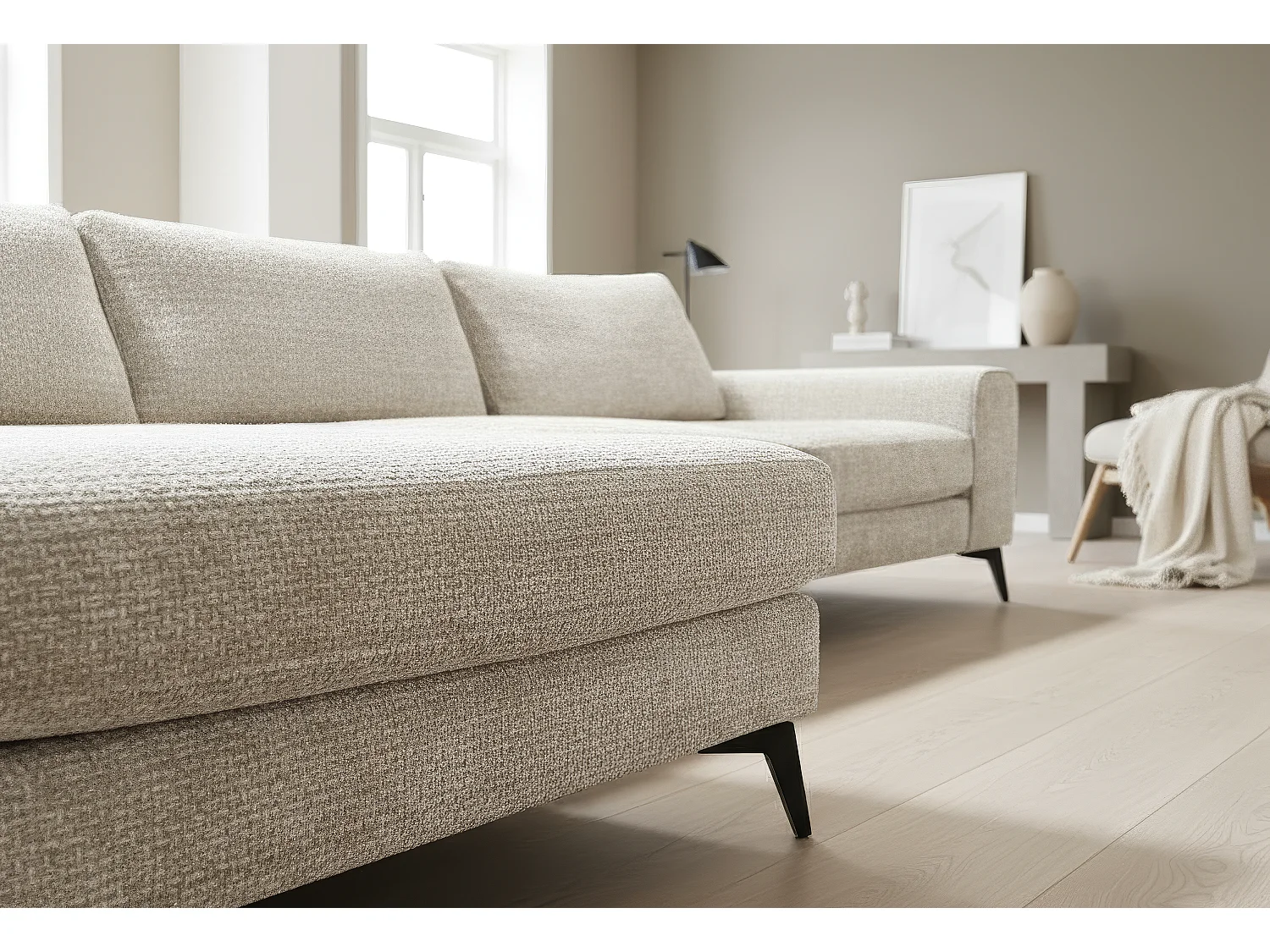 Venice Chenille Corner Sofa with Deep Seats and Extra-wide Padded Arms Left Facing Cream