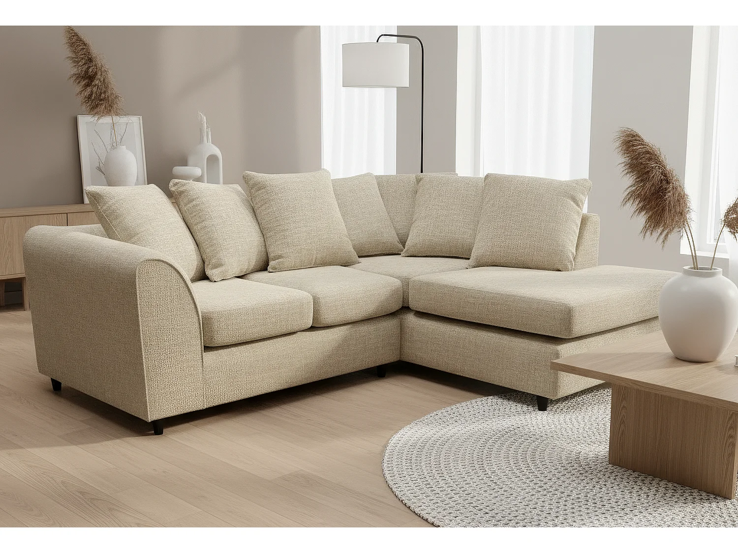 Jumbo Chenille Corner Sofa with Plush Chaise Extension Right Facing Beige
