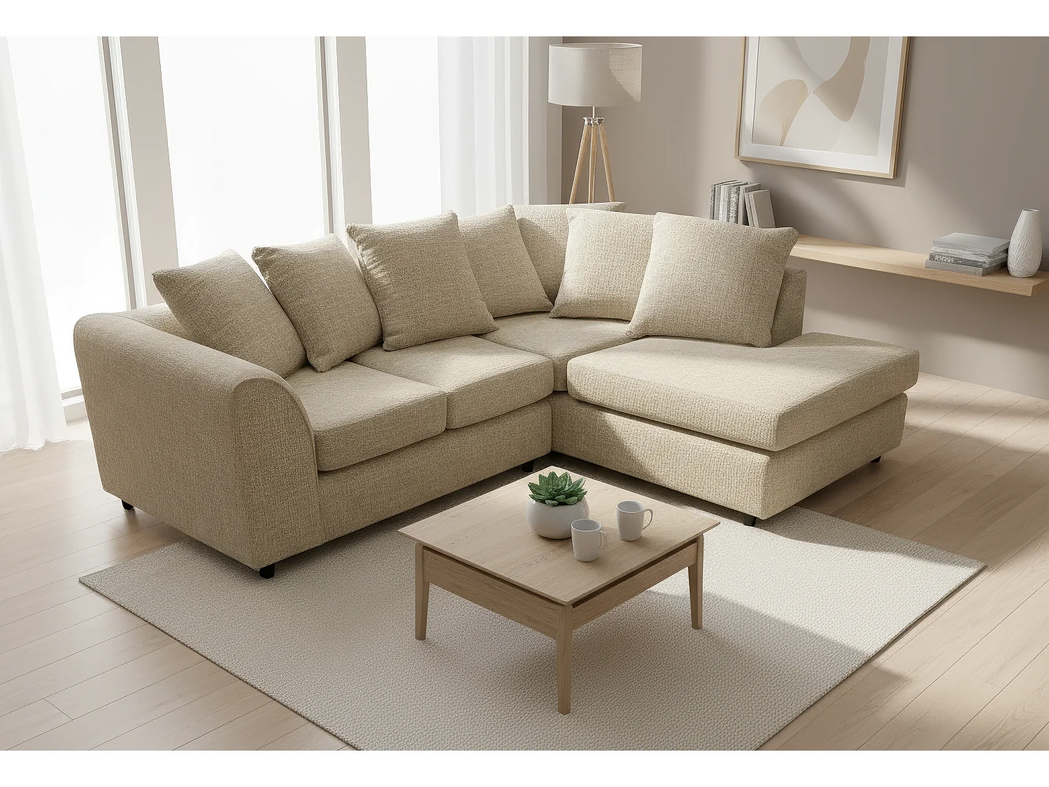 Jumbo Chenille Corner Sofa with Plush Chaise Extension Right Facing Beige