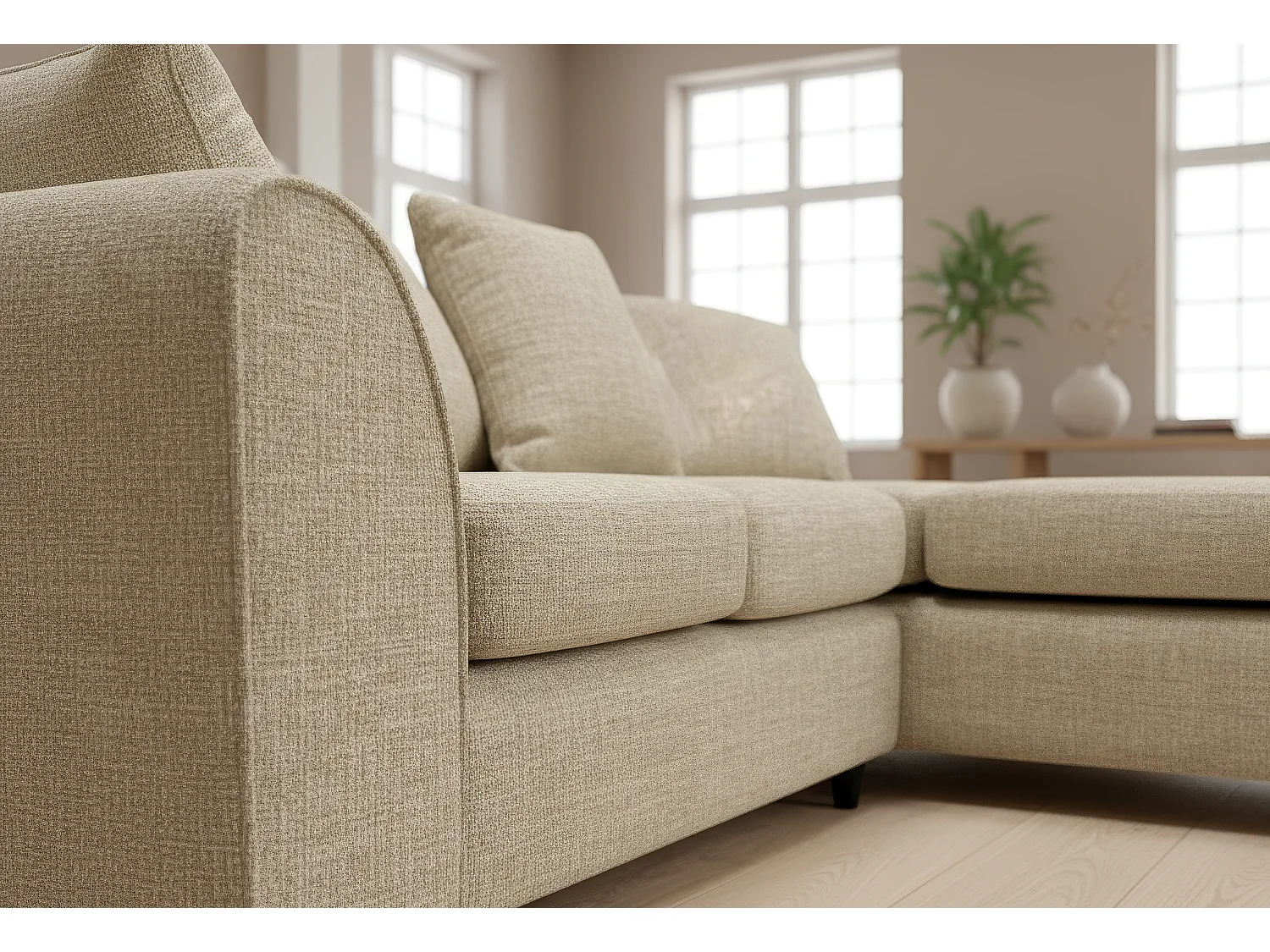 Jumbo Chenille Corner Sofa with Plush Chaise Extension Right Facing Beige