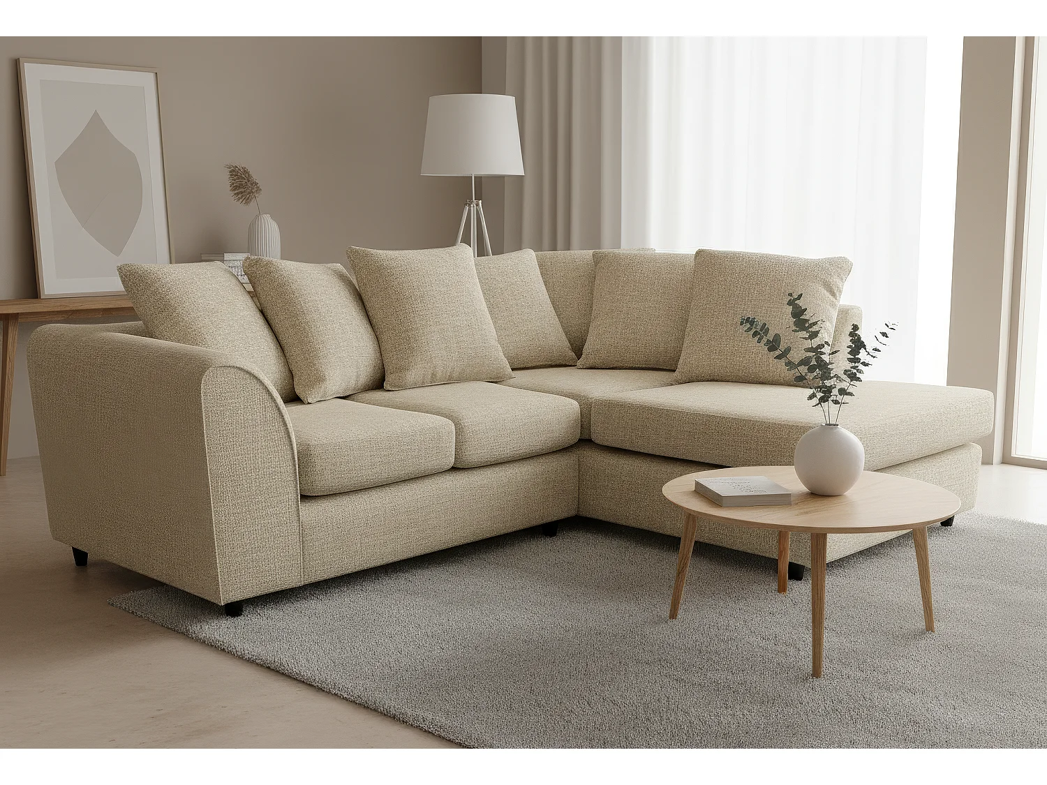 Jumbo Chenille Corner Sofa with Plush Chaise Extension Right Facing Beige