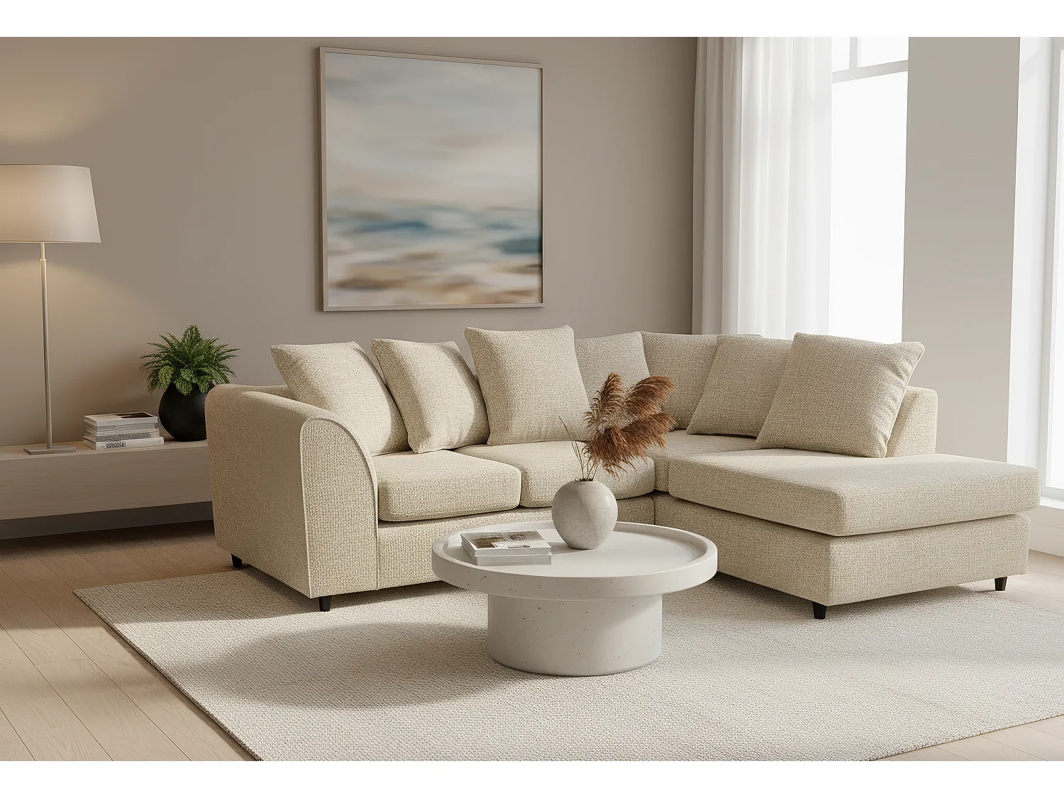 Jumbo Chenille Corner Sofa with Plush Chaise Extension Right Facing Beige