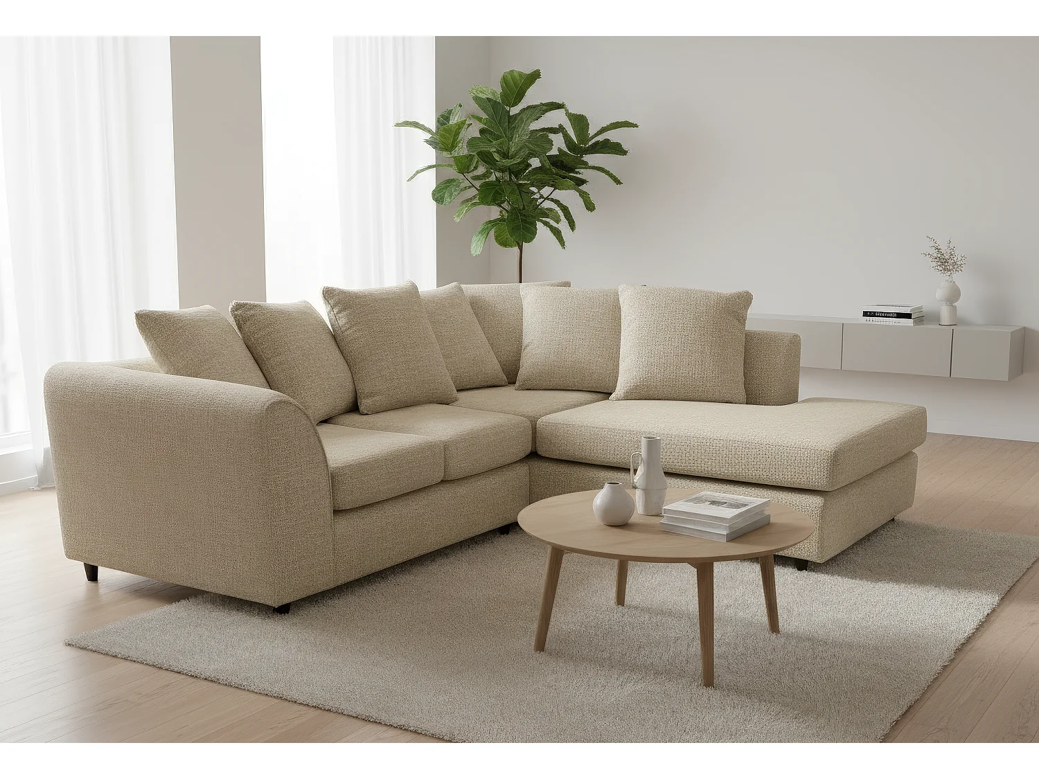 Jumbo Chenille Corner Sofa with Plush Chaise Extension Right Facing Beige