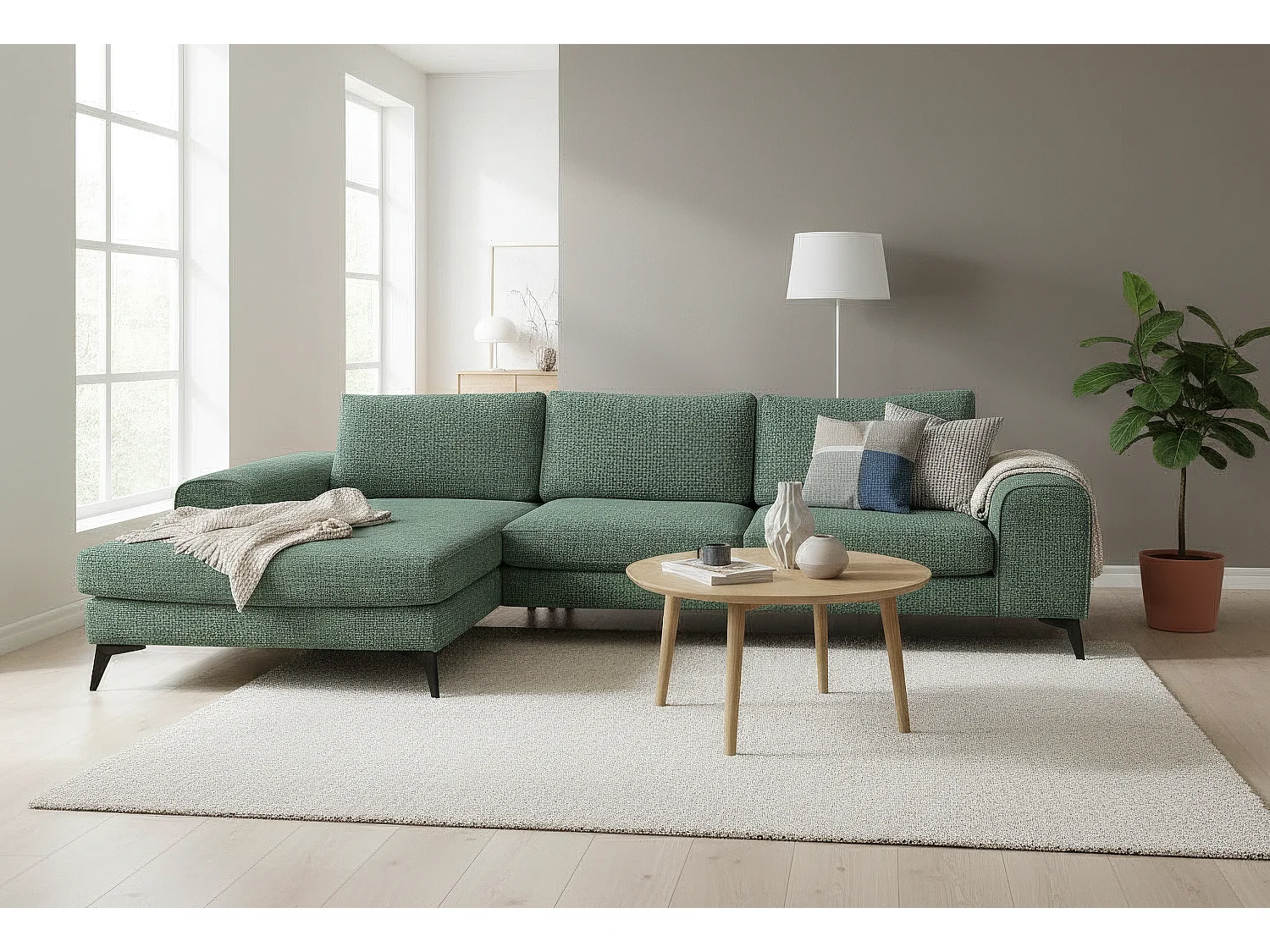 Venice Chenille Corner Sofa with Deep Seats and Extra-wide Padded Arms Left Facing Rifle Green