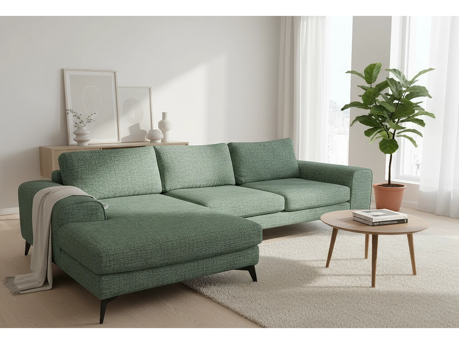 Venice Chenille Corner Sofa with Deep Seats and Extra-wide Padded Arms Left Facing Rifle Green