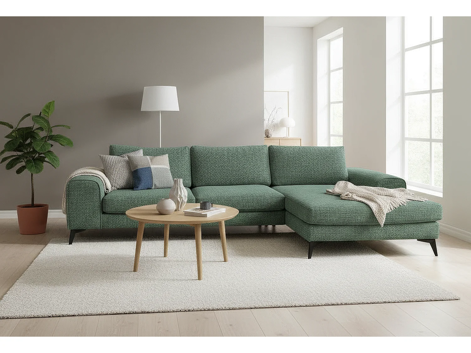 Venice Chenille Corner Sofa with Deep Seats and Extra-wide Padded Arms Right Facing Rifle Green