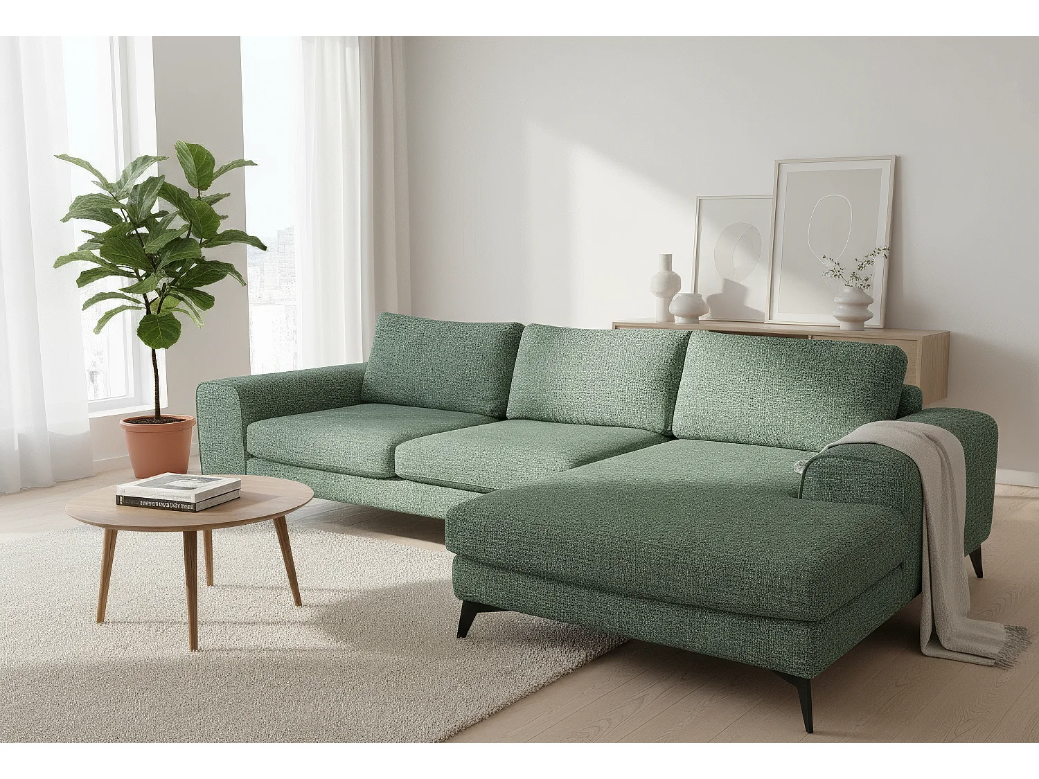 Venice Chenille Corner Sofa with Deep Seats and Extra-wide Padded Arms Right Facing Rifle Green