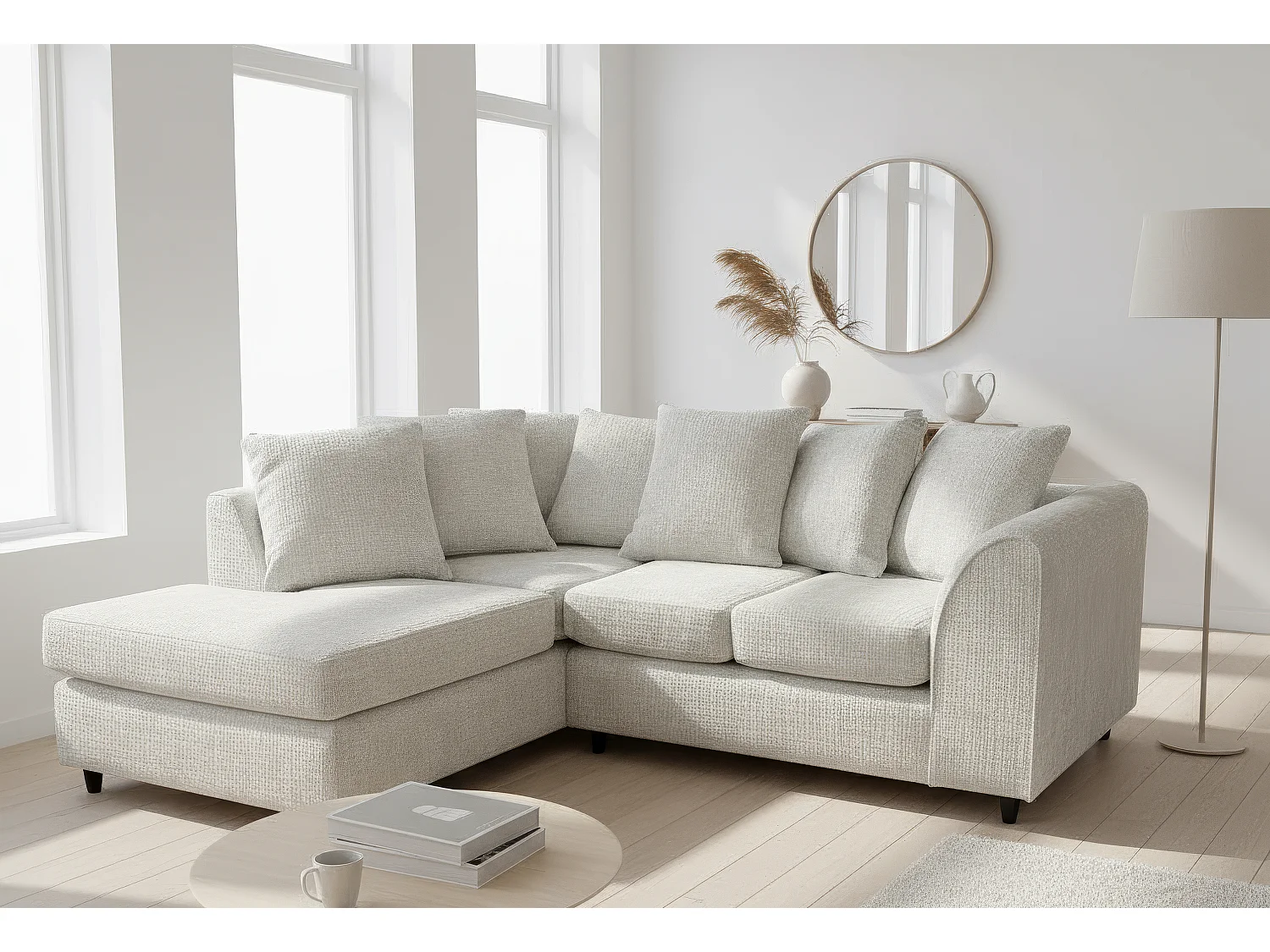 Jumbo Chenille Corner Sofa with Plush Chaise Extension Left Facing Cream