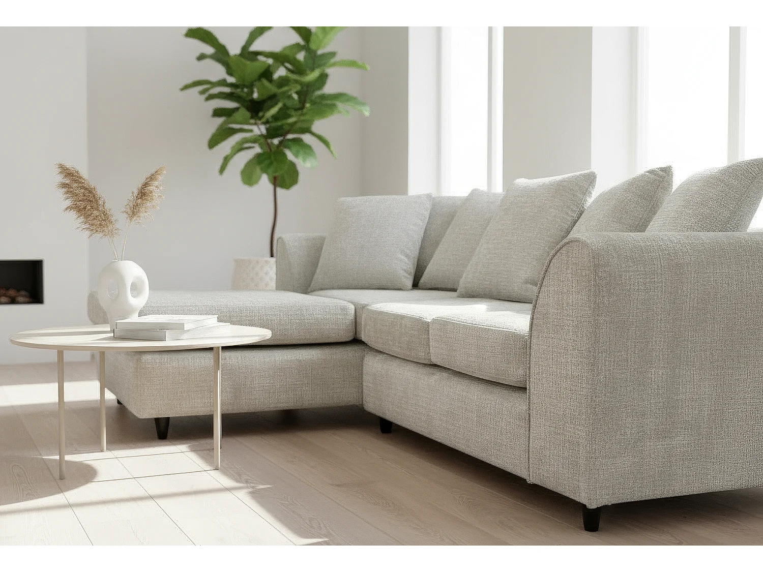 Jumbo Chenille Corner Sofa with Plush Chaise Extension Left Facing Cream