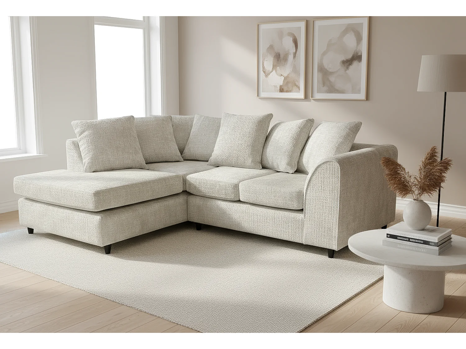 Jumbo Chenille Corner Sofa with Plush Chaise Extension Left Facing Cream