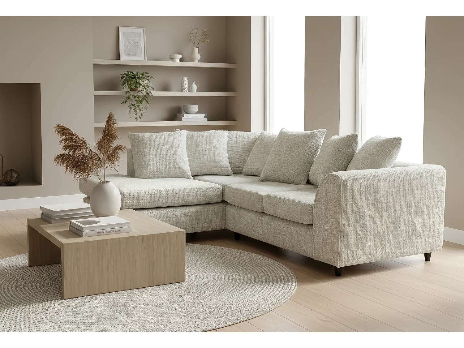Jumbo Chenille Corner Sofa with Plush Chaise Extension Left Facing Cream