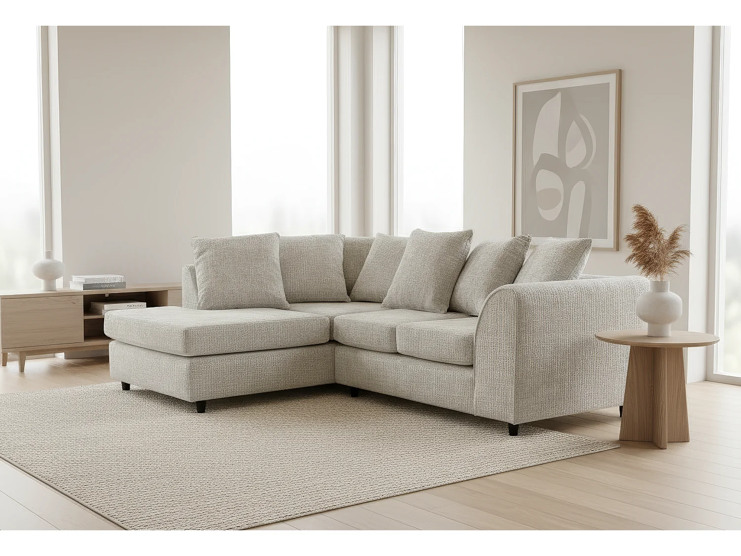 Jumbo Chenille Corner Sofa with Plush Chaise Extension Left Facing Cream