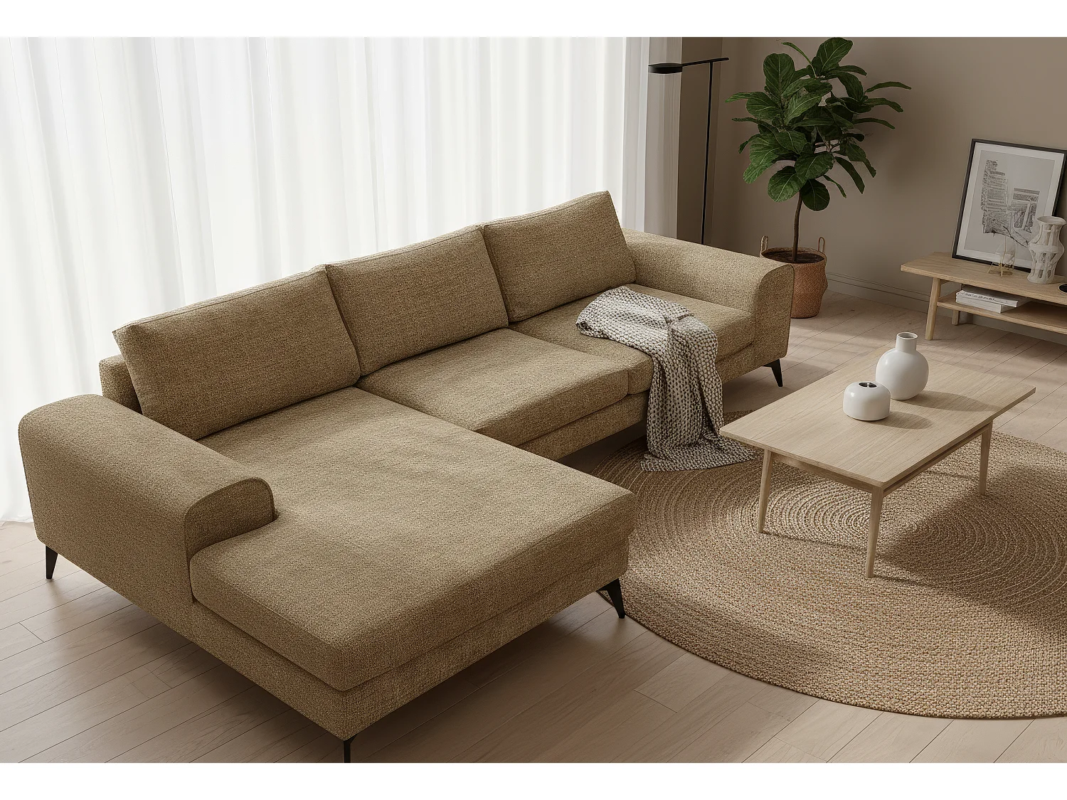 Venice Chenille Corner Sofa with Deep Seats and Extra-wide Padded Arms Left Facing Brown