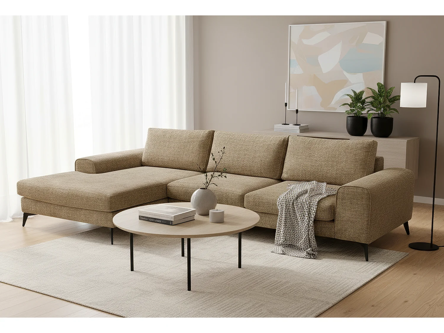 Venice Chenille Corner Sofa with Deep Seats and Extra-wide Padded Arms Left Facing Brown