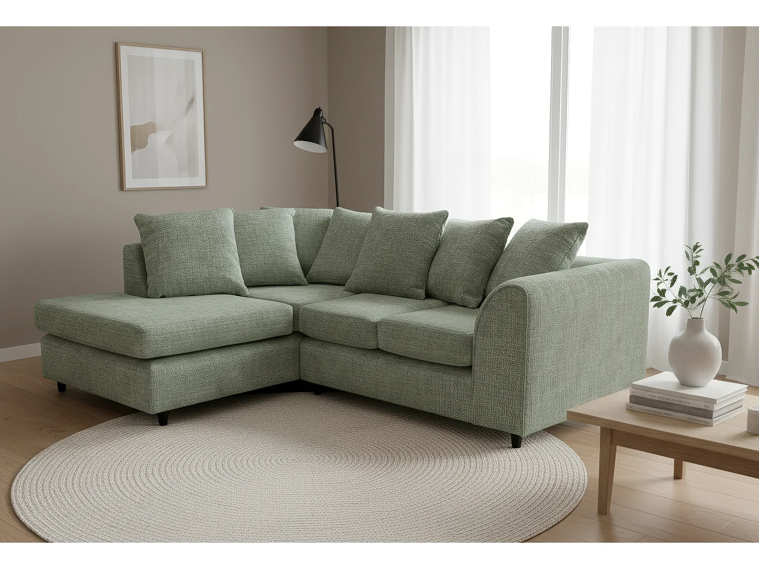 Jumbo Chenille Corner Sofa with Plush Chaise Extension Left Facing Sage Green