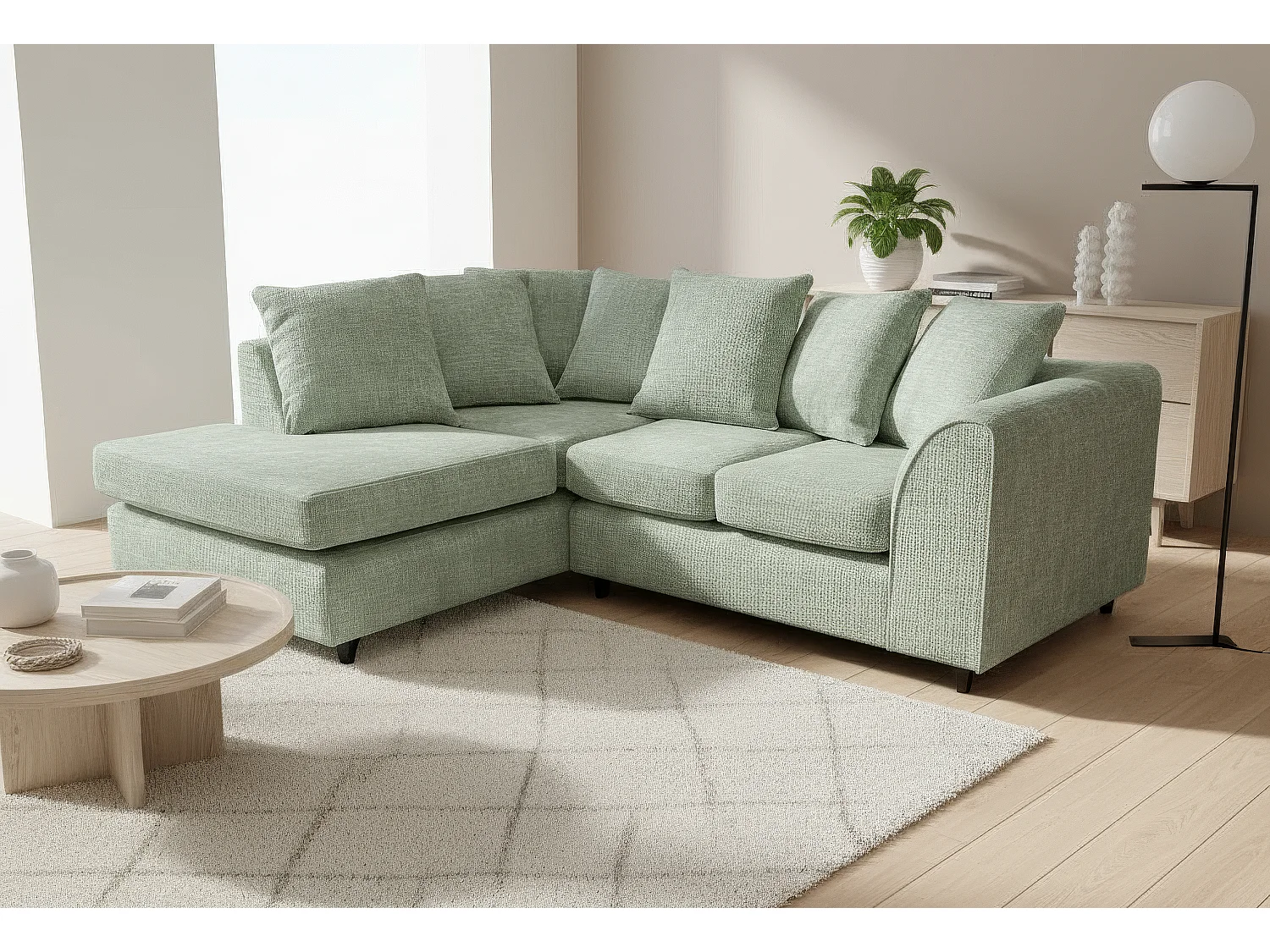 Jumbo Chenille Corner Sofa with Plush Chaise Extension Left Facing Sage Green
