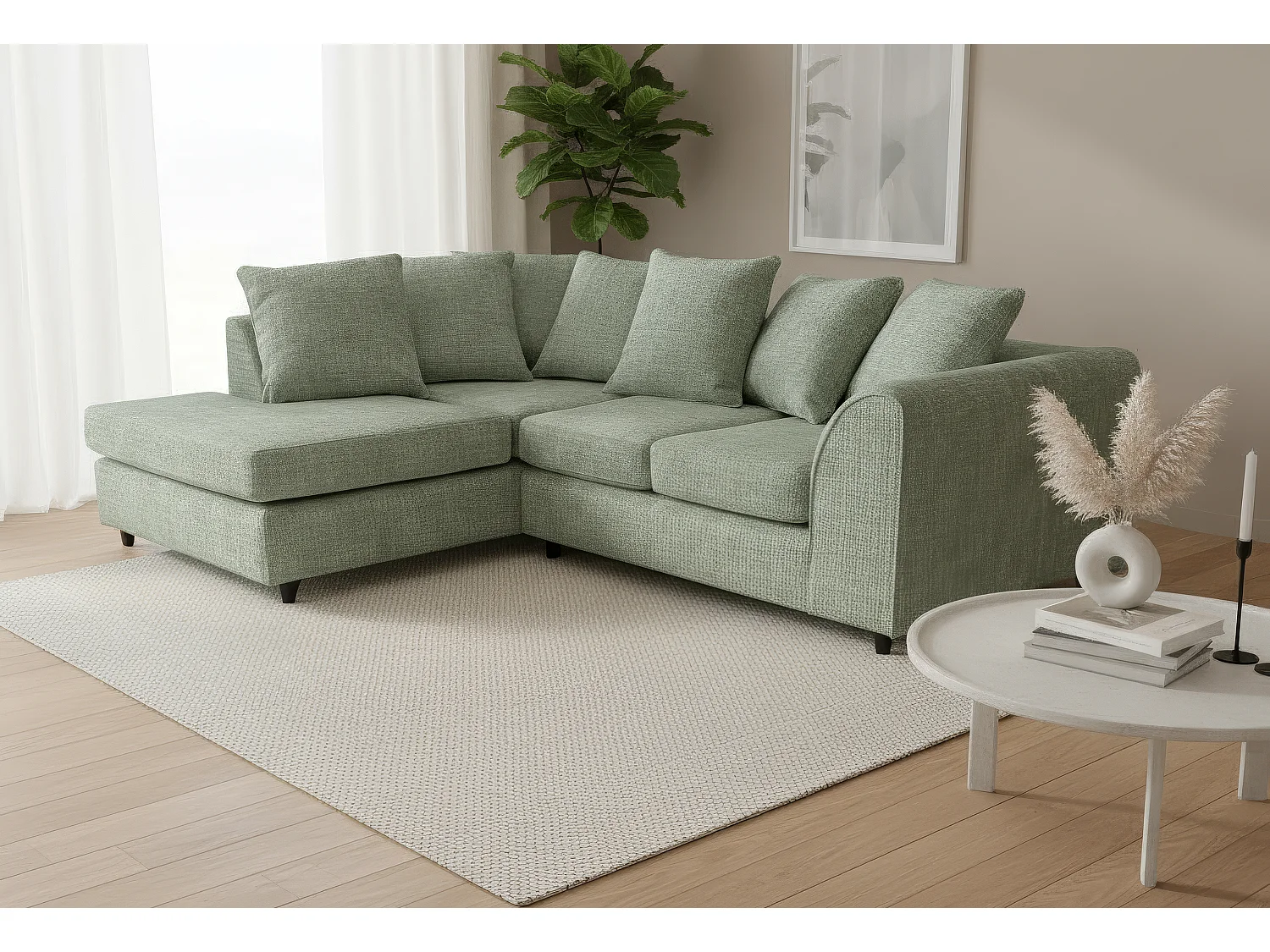 Jumbo Chenille Corner Sofa with Plush Chaise Extension Left Facing Sage Green