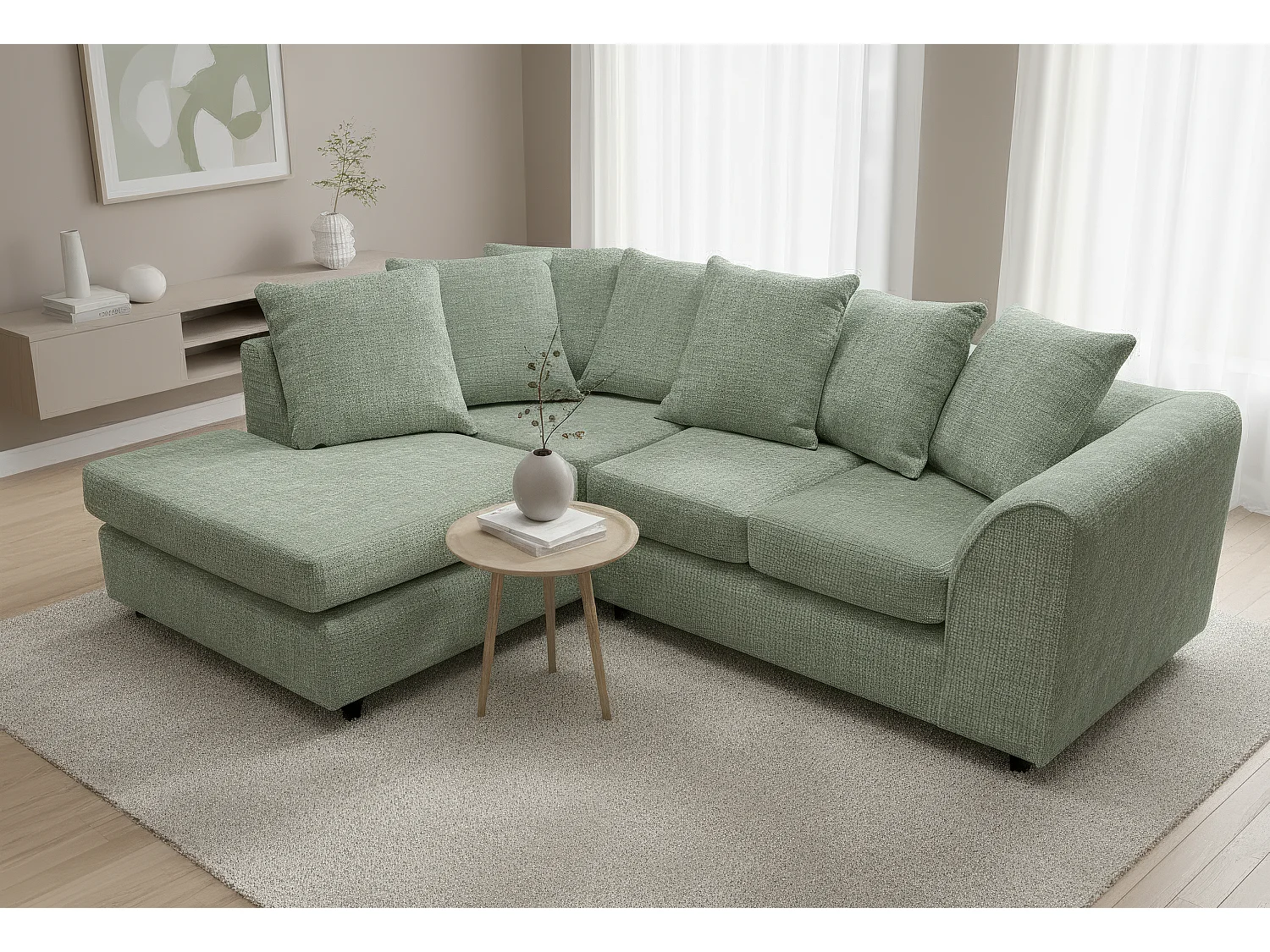 Jumbo Chenille Corner Sofa with Plush Chaise Extension Left Facing Sage Green