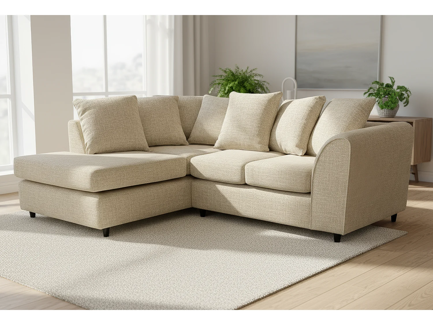 Jumbo Chenille Corner Sofa with Plush Chaise Extension Left Facing Beige