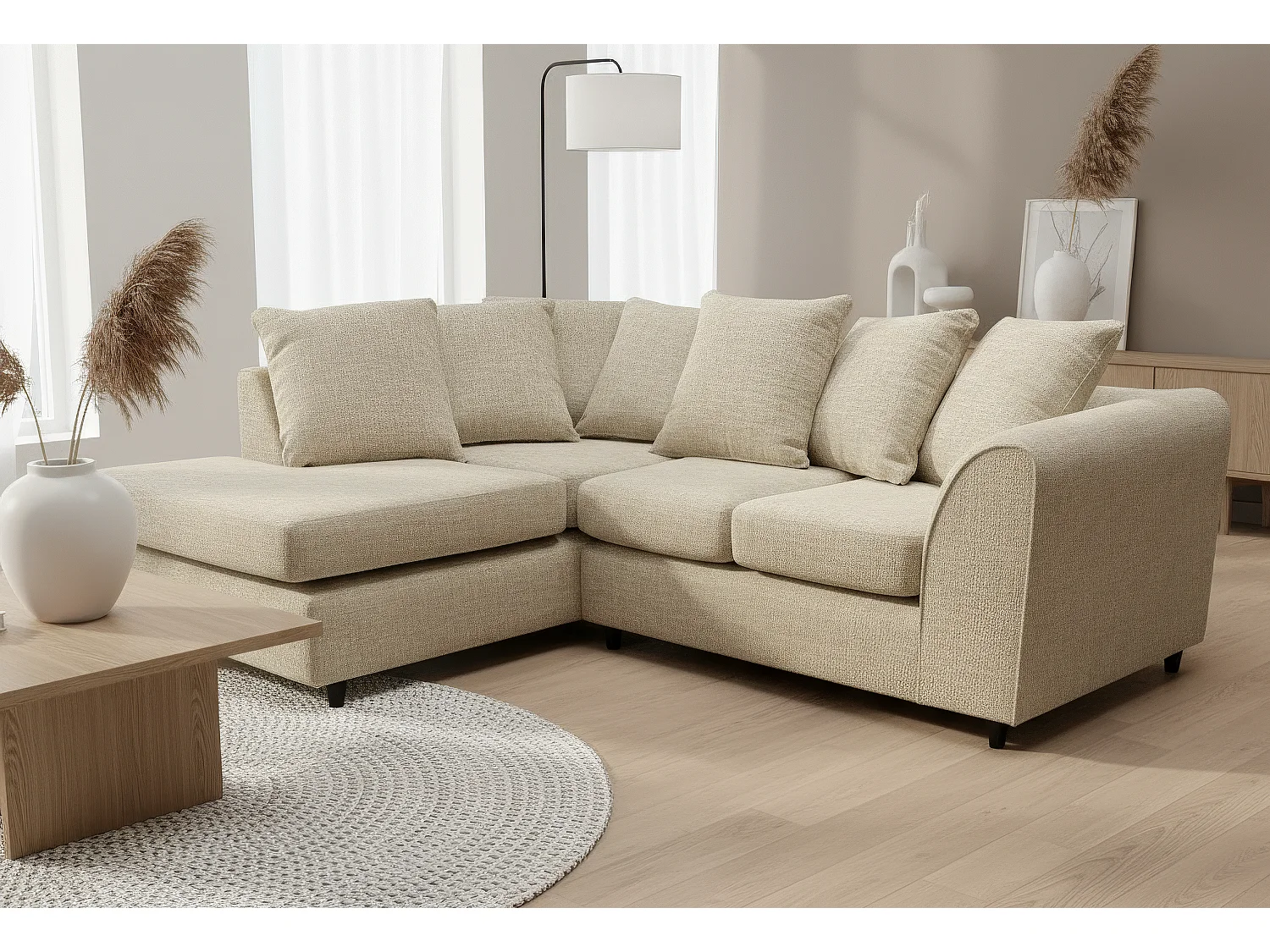 Jumbo Chenille Corner Sofa with Plush Chaise Extension Left Facing Beige