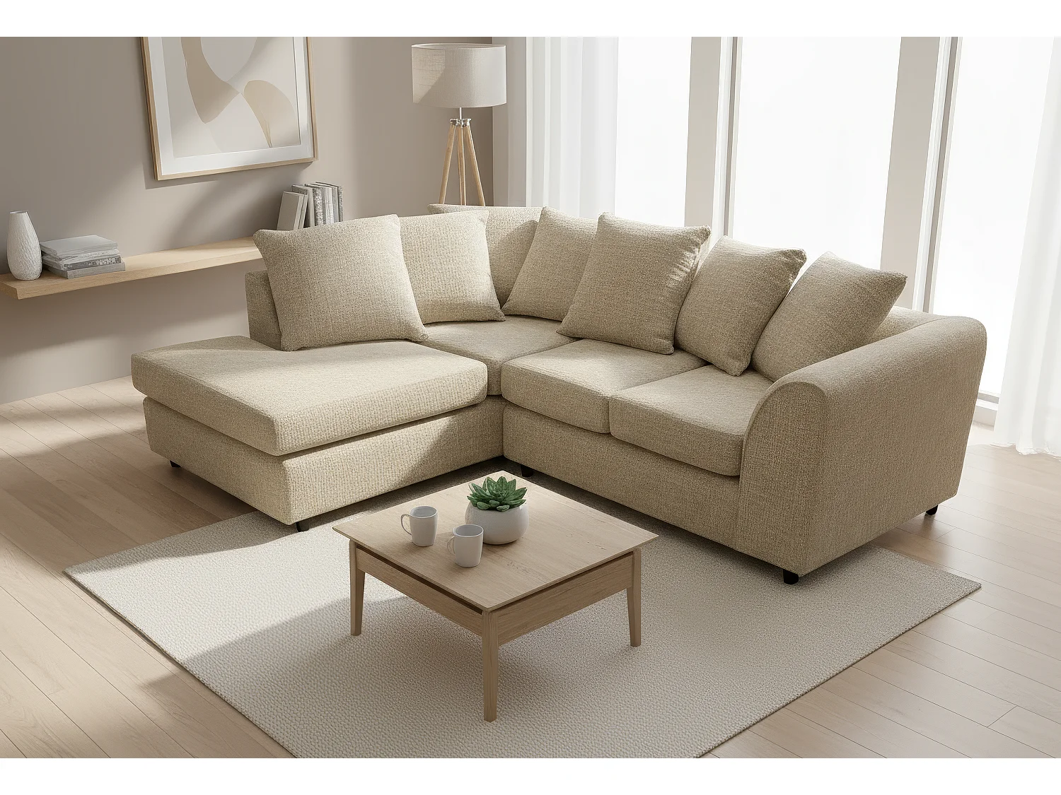 Jumbo Chenille Corner Sofa with Plush Chaise Extension Left Facing Beige