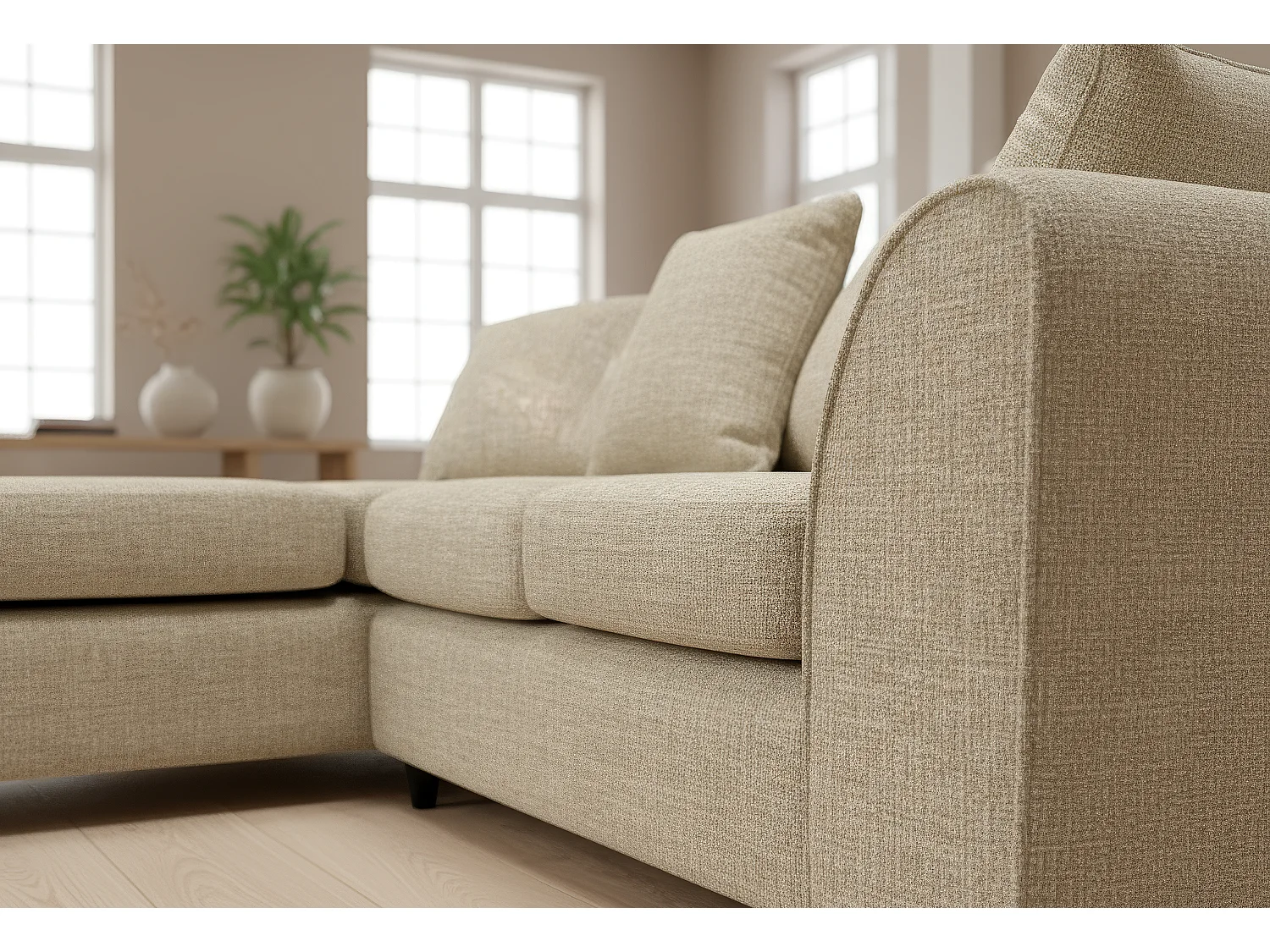 Jumbo Chenille Corner Sofa with Plush Chaise Extension Left Facing Beige