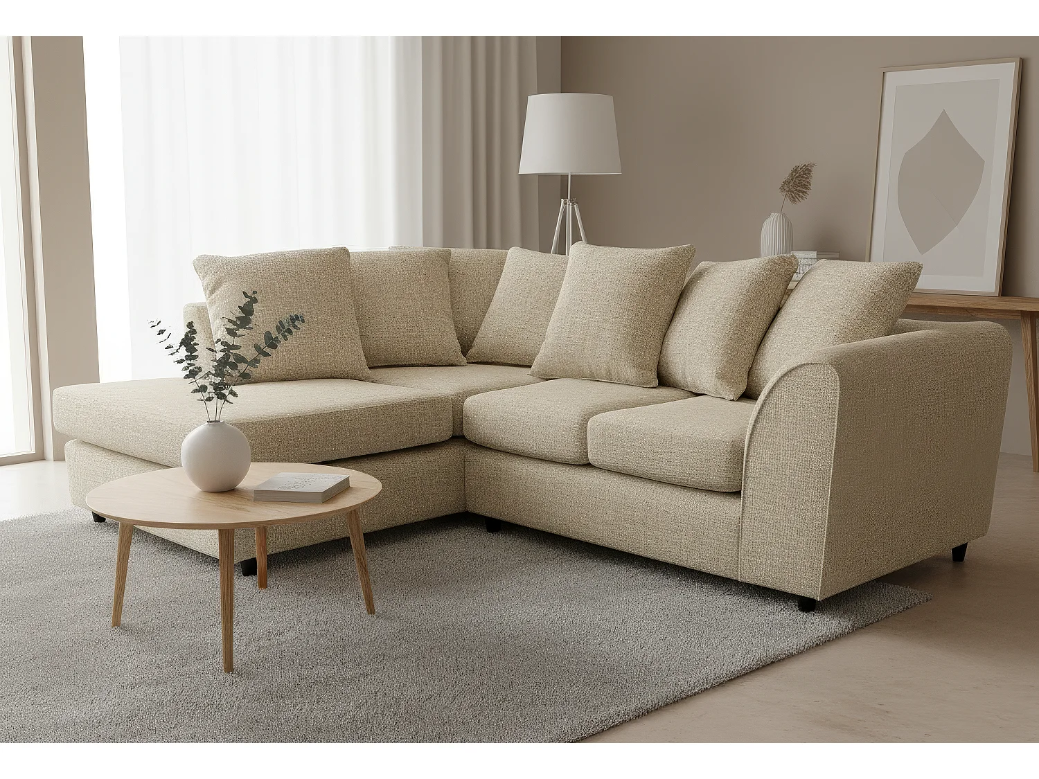Jumbo Chenille Corner Sofa with Plush Chaise Extension Left Facing Beige