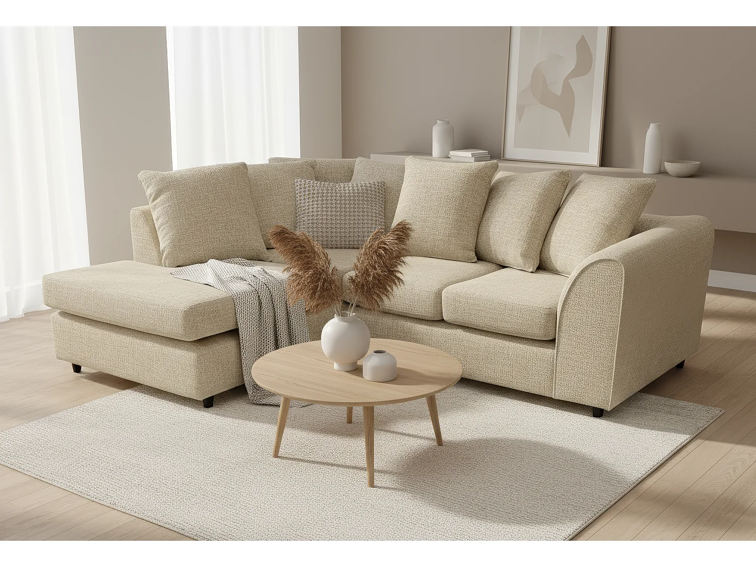 Jumbo Chenille Corner Sofa with Plush Chaise Extension Left Facing Beige