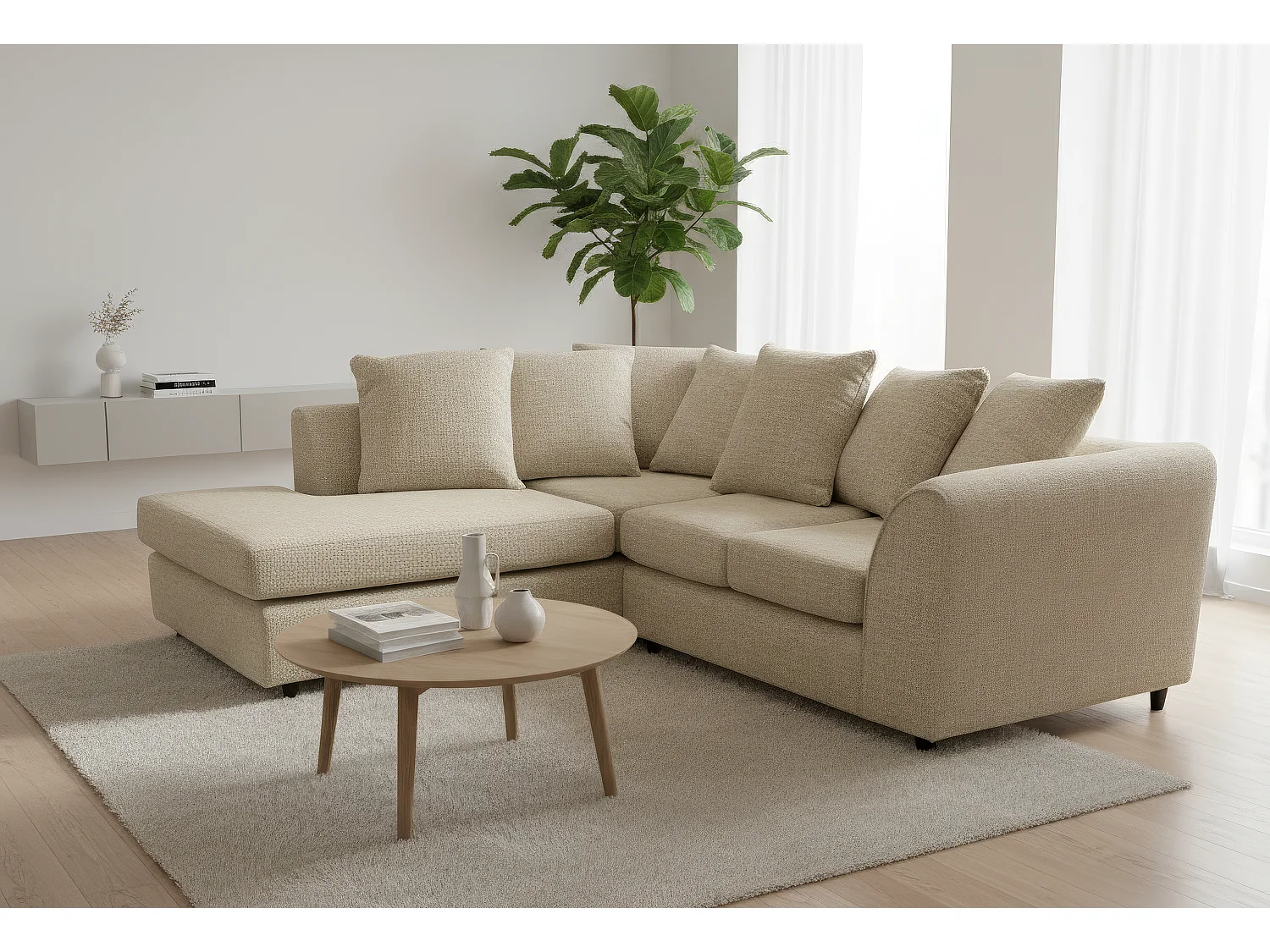 Jumbo Chenille Corner Sofa with Plush Chaise Extension Left Facing Beige