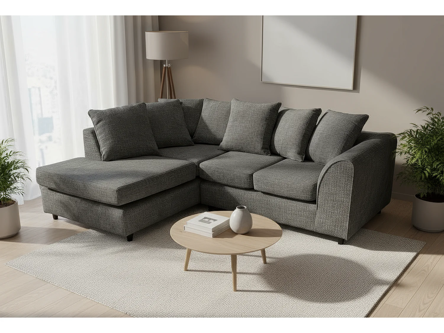 Jumbo Chenille Corner Sofa with Plush Chaise Extension Left Facing Black