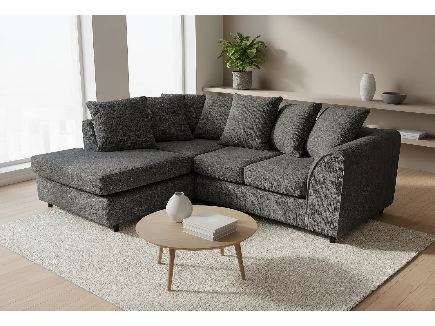 Jumbo Chenille Corner Sofa with Plush Chaise Extension Left Facing Black
