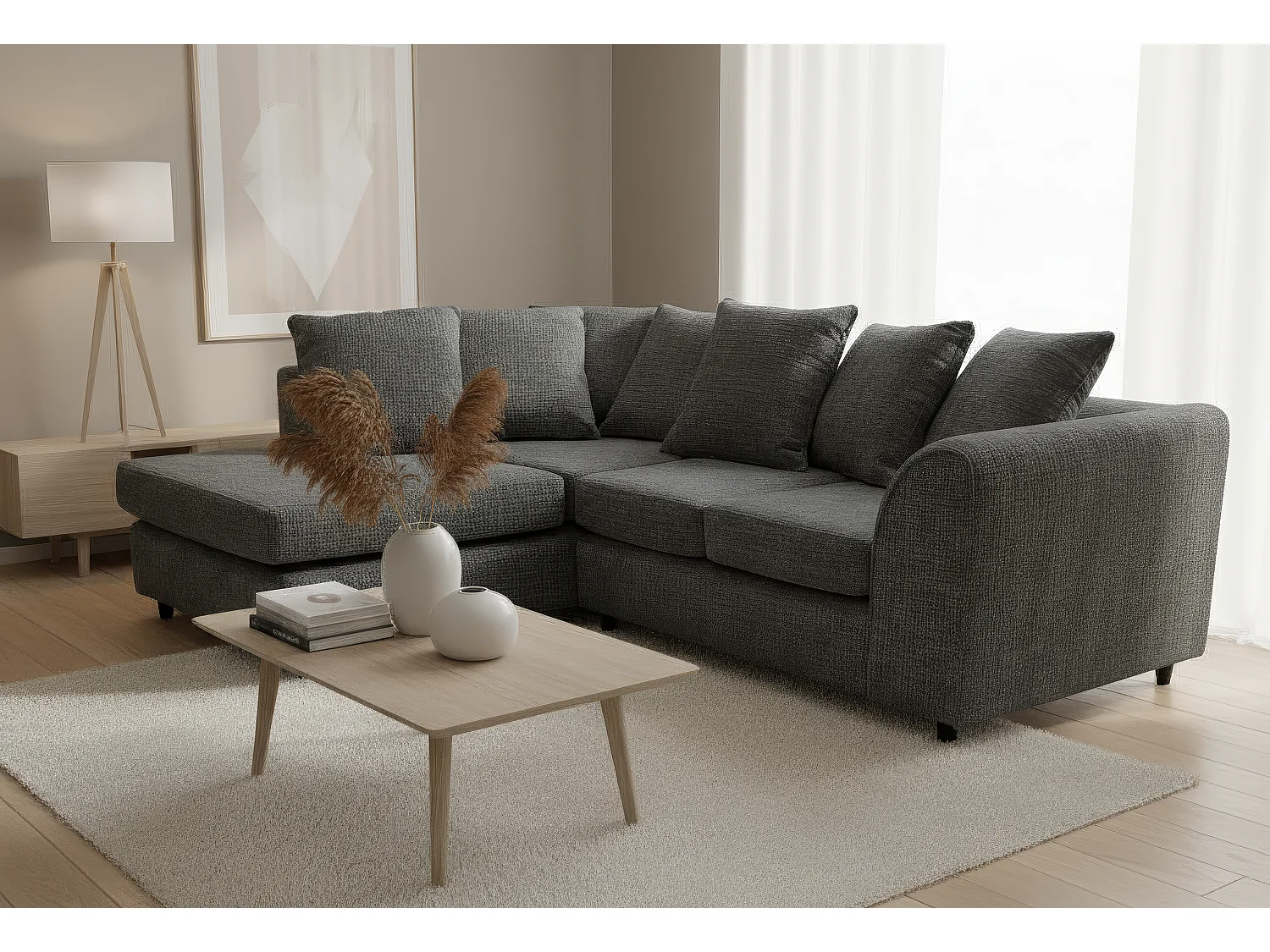 Jumbo Chenille Corner Sofa with Plush Chaise Extension Left Facing Black
