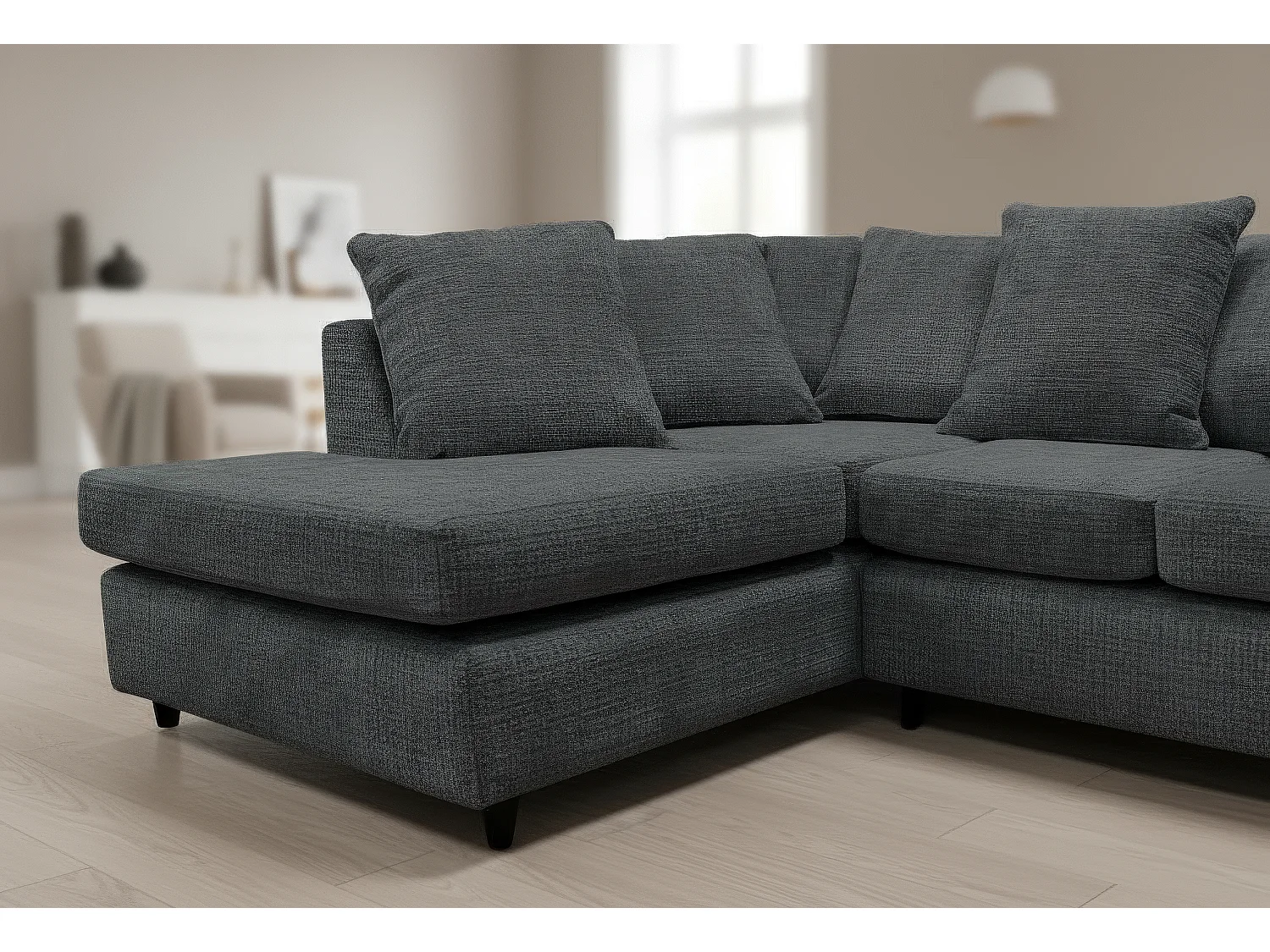 Jumbo Chenille Corner Sofa with Plush Chaise Extension Left Facing Black