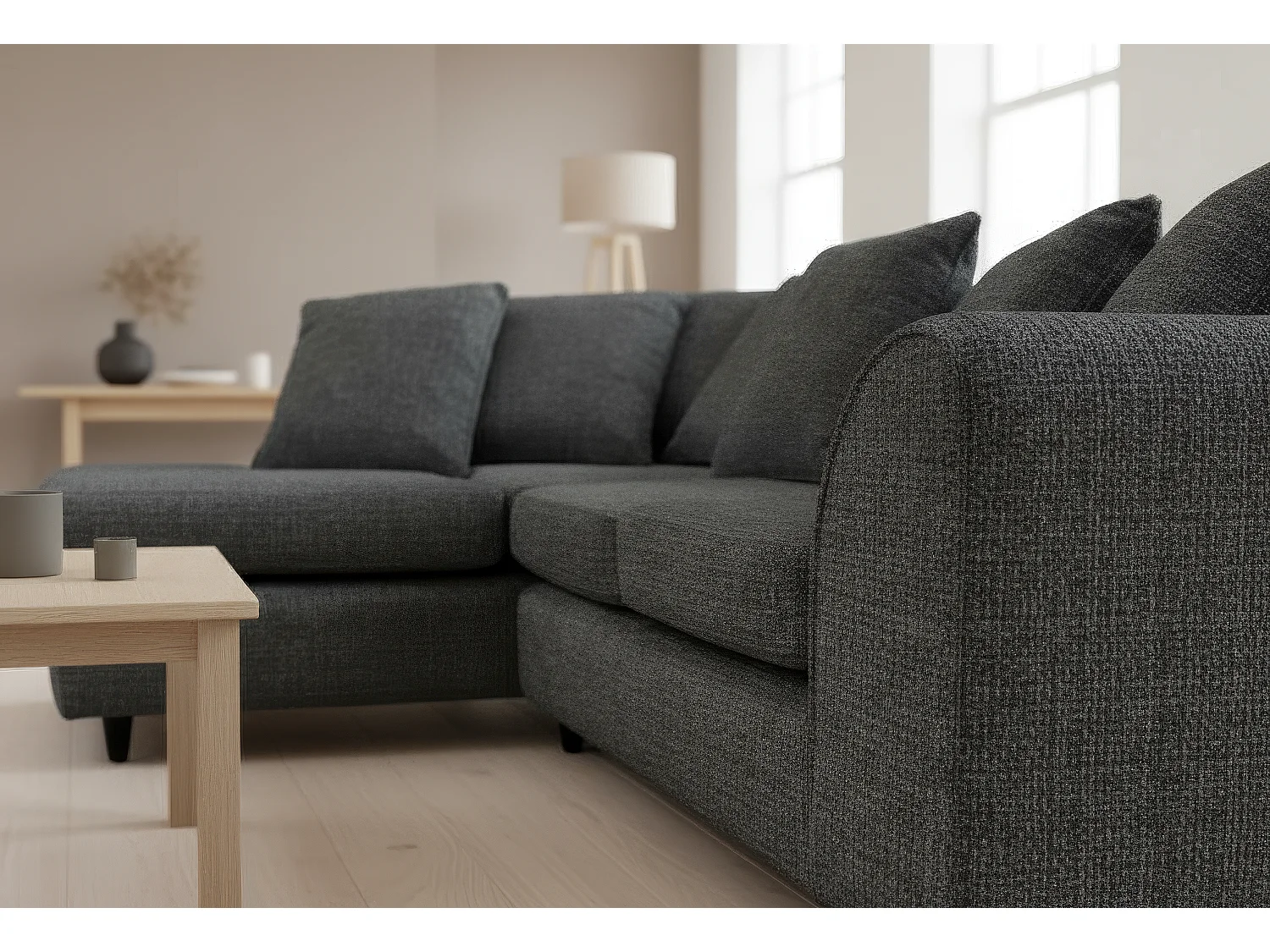 Jumbo Chenille Corner Sofa with Plush Chaise Extension Left Facing Black