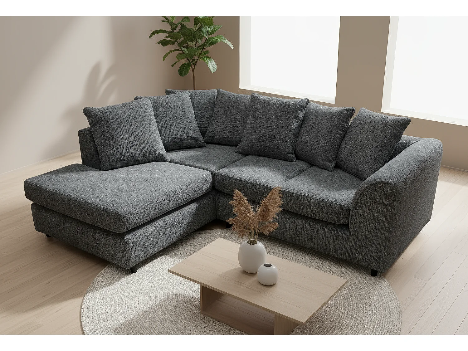 Jumbo Chenille Corner Sofa with Plush Chaise Extension Left Facing Black