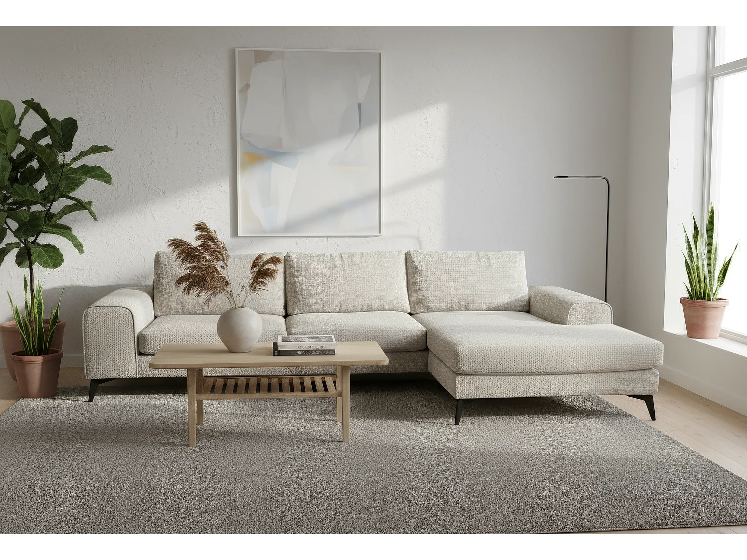 Venice Chenille Corner Sofa with Deep Seats and Extra-wide Padded Arms Right Facing White