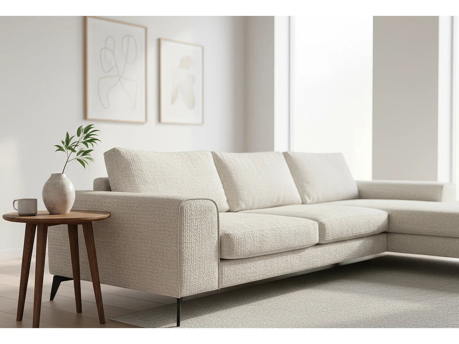Venice Chenille Corner Sofa with Deep Seats and Extra-wide Padded Arms Right Facing White