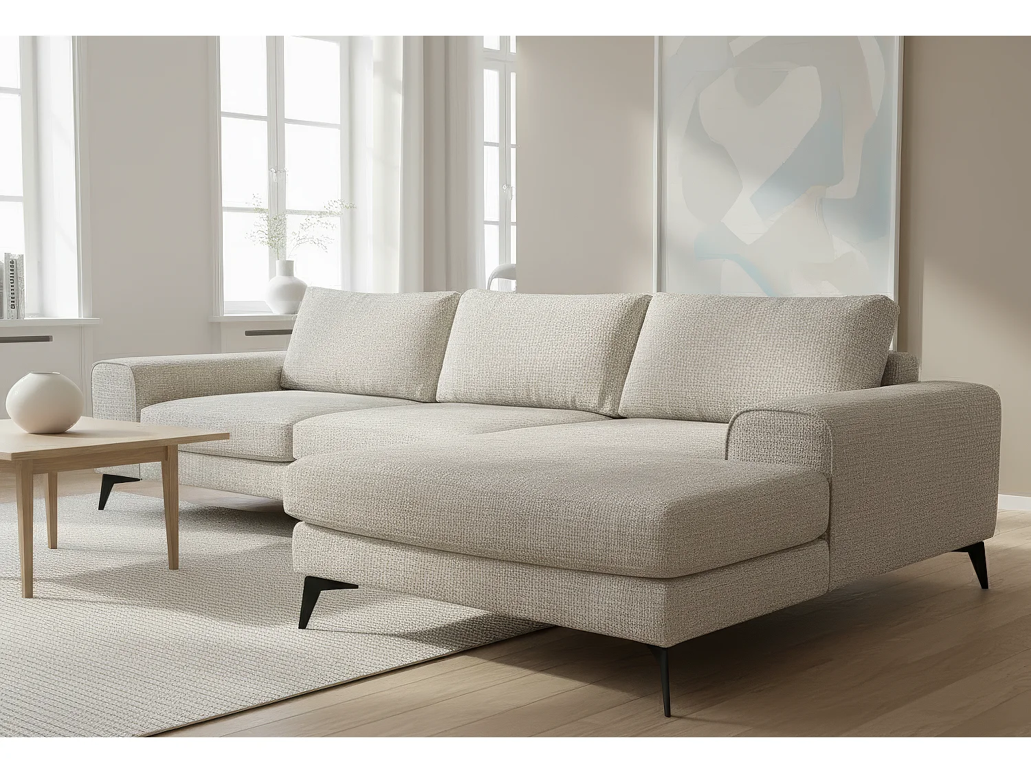 Venice Chenille Corner Sofa with Deep Seats and Extra-wide Padded Arms Right Facing White