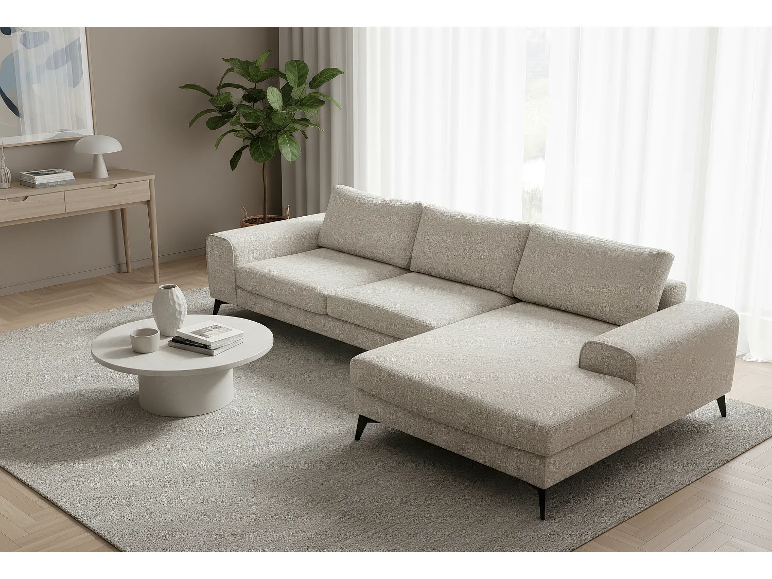 Venice Chenille Corner Sofa with Deep Seats and Extra-wide Padded Arms Right Facing White