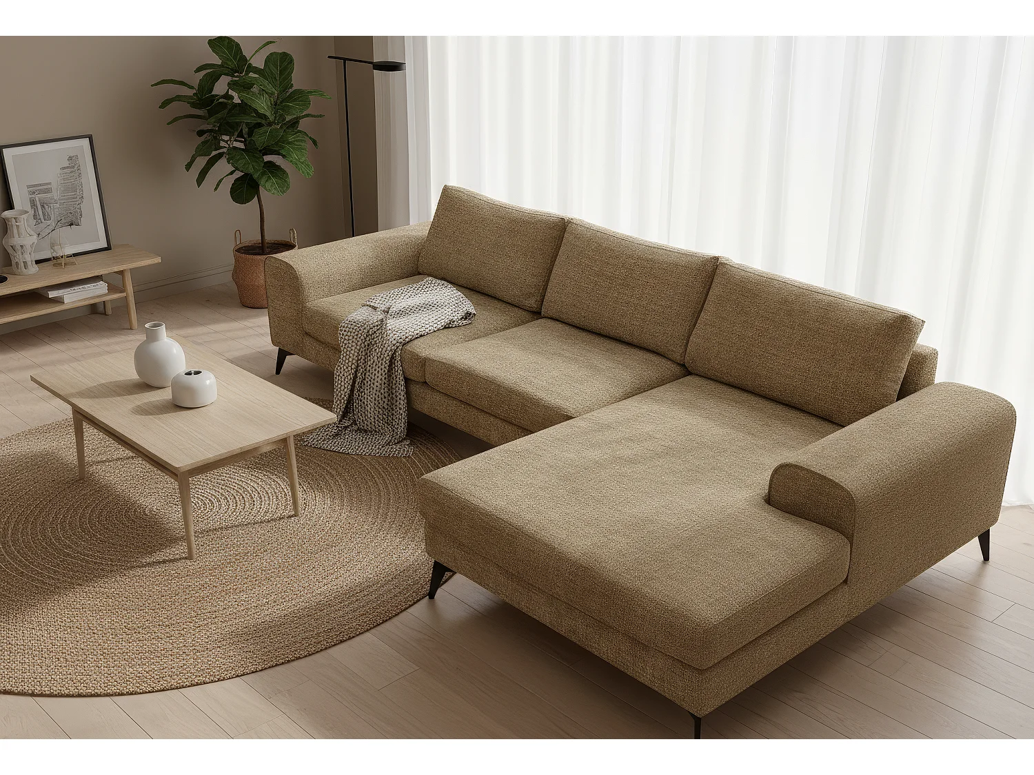 Venice Chenille Corner Sofa with Deep Seats and Extra-wide Padded Arms Right Facing Brown