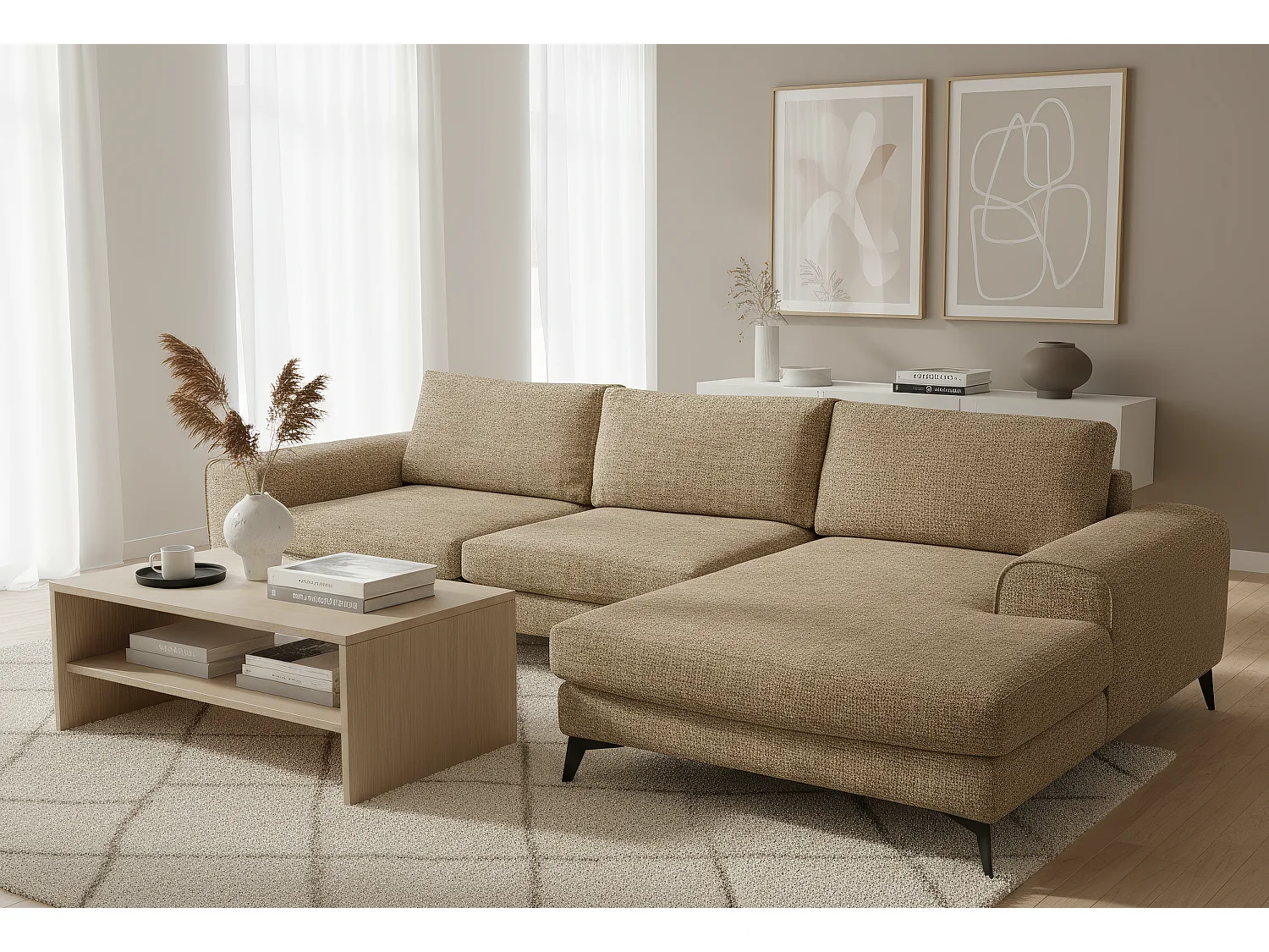 Venice Chenille Corner Sofa with Deep Seats and Extra-wide Padded Arms Right Facing Brown