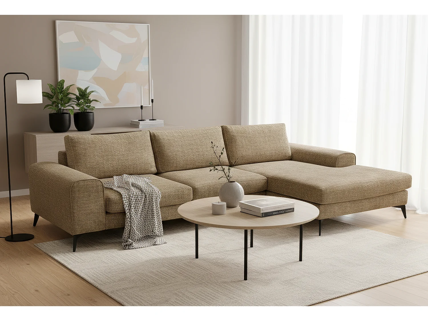 Venice Chenille Corner Sofa with Deep Seats and Extra-wide Padded Arms Right Facing Brown