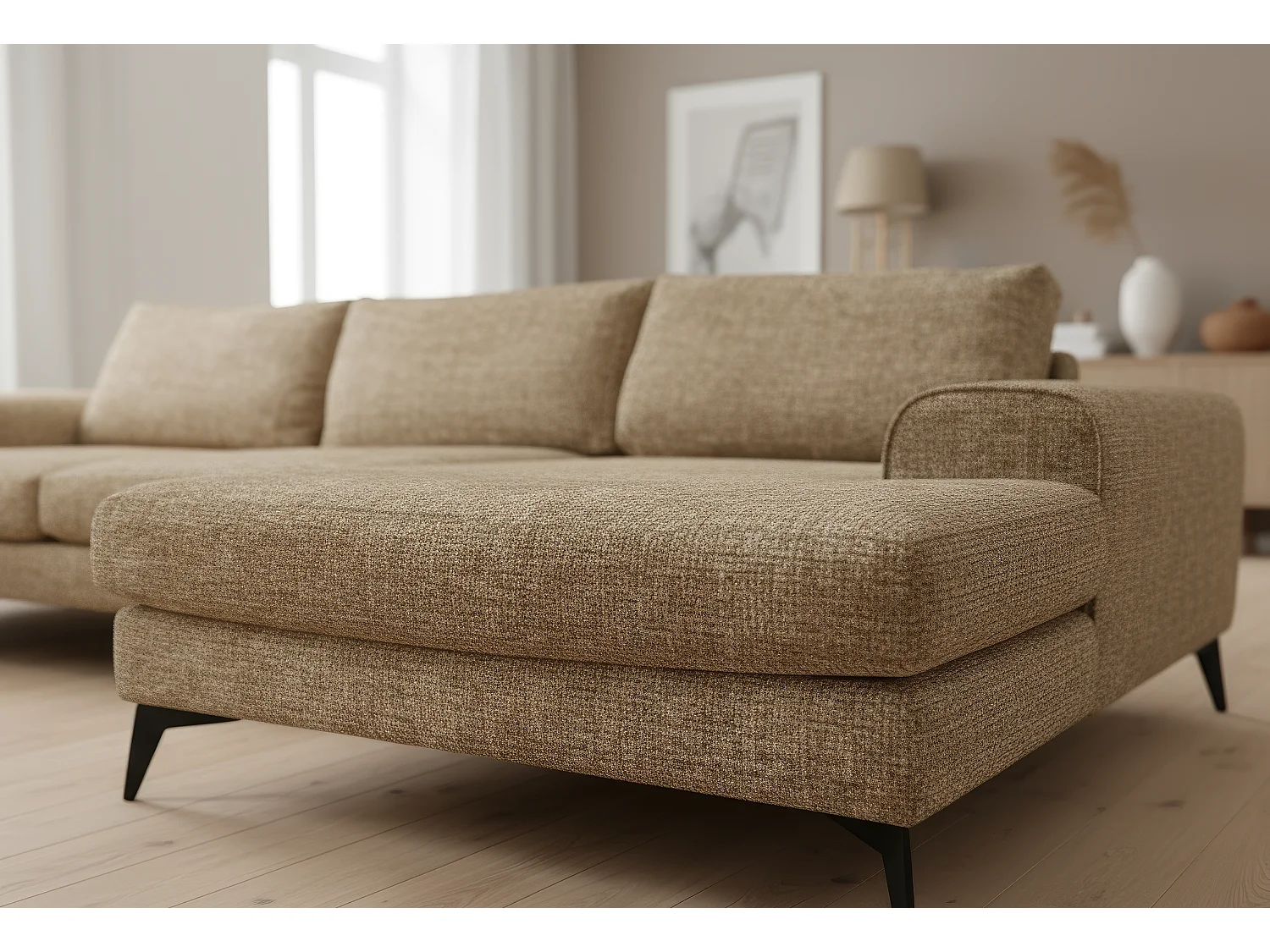 Venice Chenille Corner Sofa with Deep Seats and Extra-wide Padded Arms Right Facing Brown