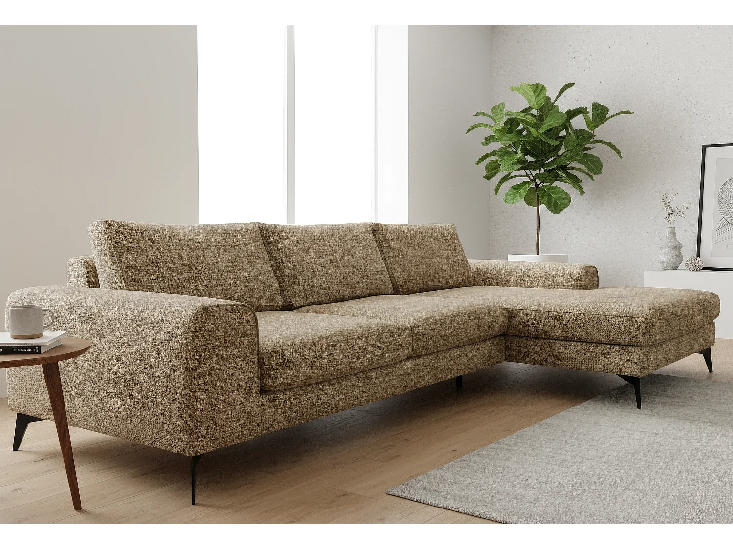 Venice Chenille Corner Sofa with Deep Seats and Extra-wide Padded Arms Right Facing Brown