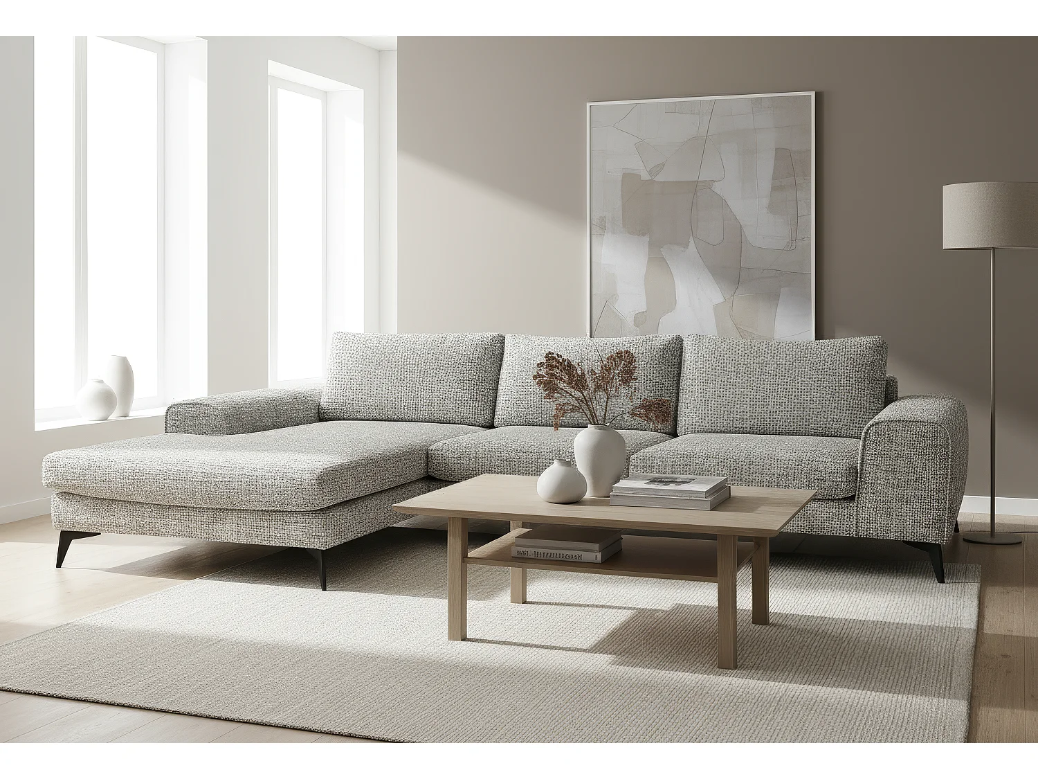 Venice Chenille Corner Sofa with Deep Seats and Extra-wide Padded Arms Left Facing Light Grey