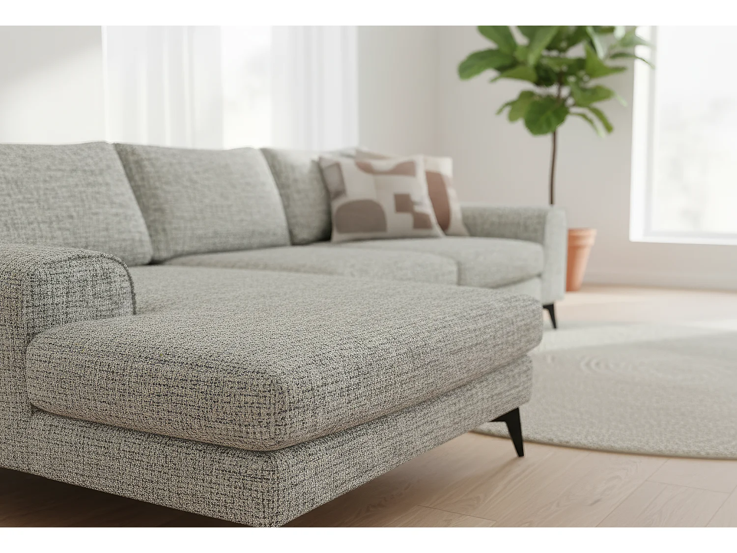 Venice Chenille Corner Sofa with Deep Seats and Extra-wide Padded Arms Left Facing Light Grey