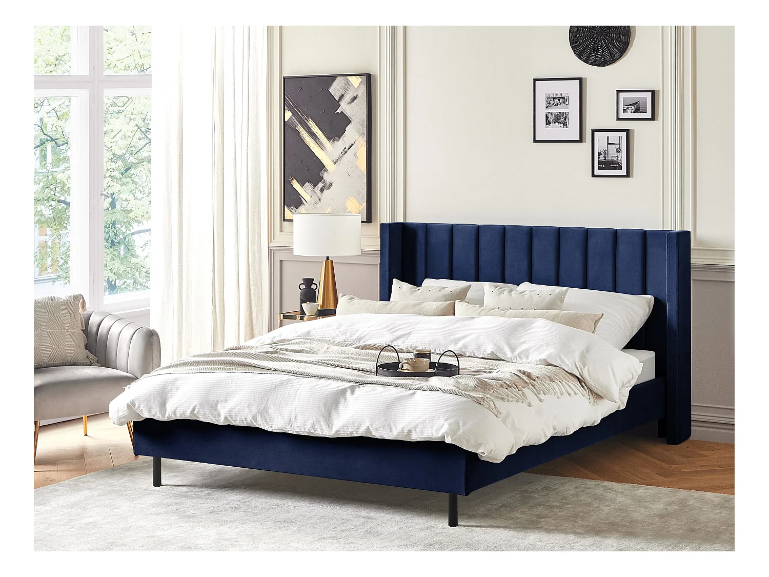 Lit avec sommier Velours VILLETTE 180 x 200 cm Bleu marine