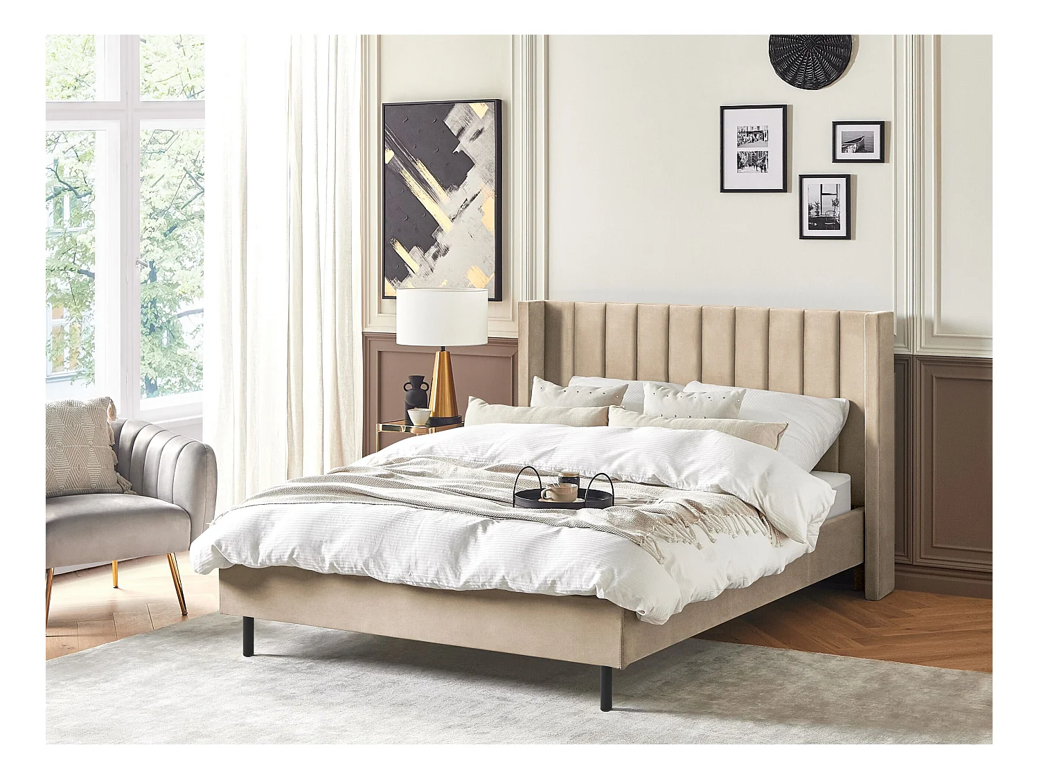 Lit avec sommier Velours VILLETTE 140 x 200 cm Beige